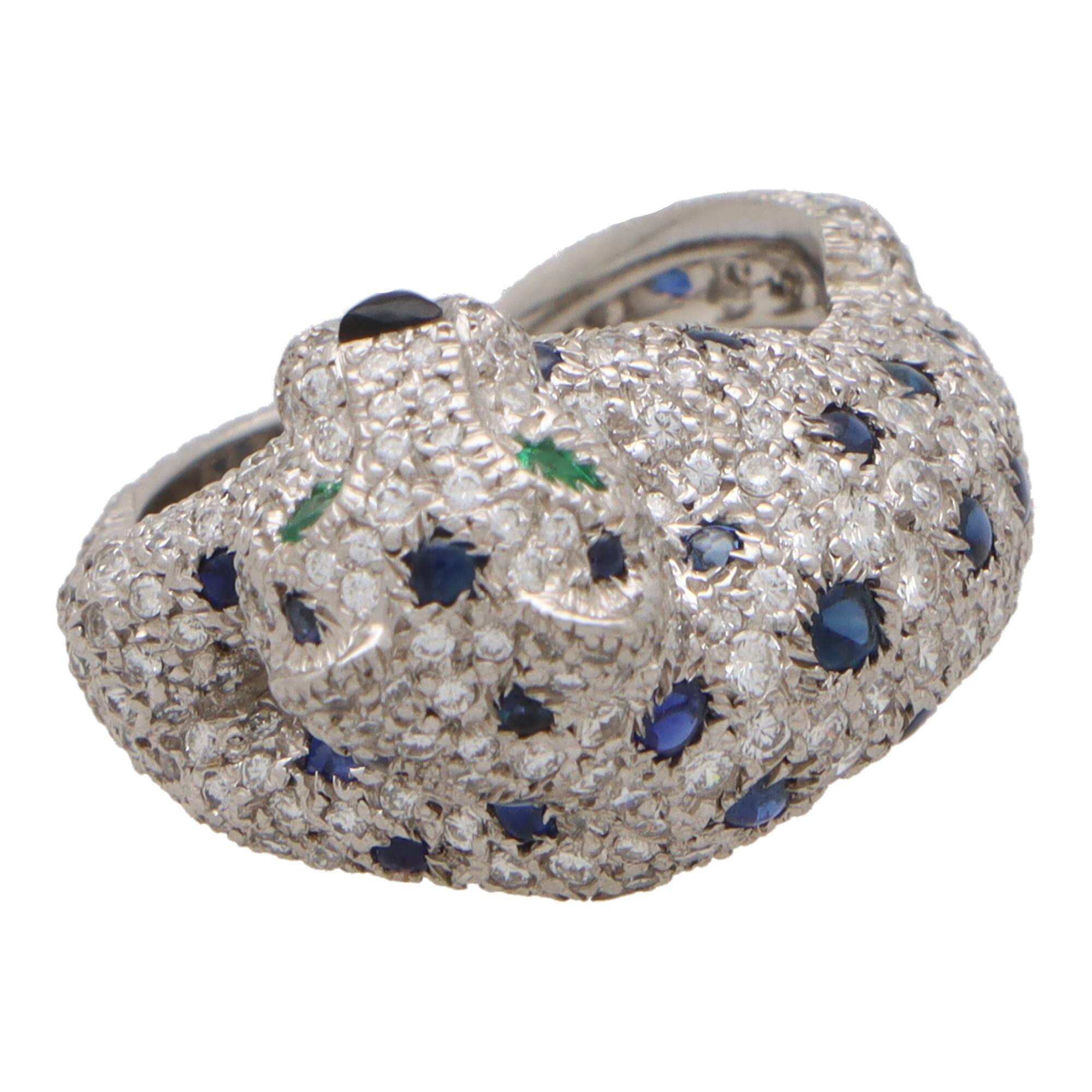 Round Cut Vintage Cartier Diamond and Cabochon Sapphire Panther Ring in Platinum