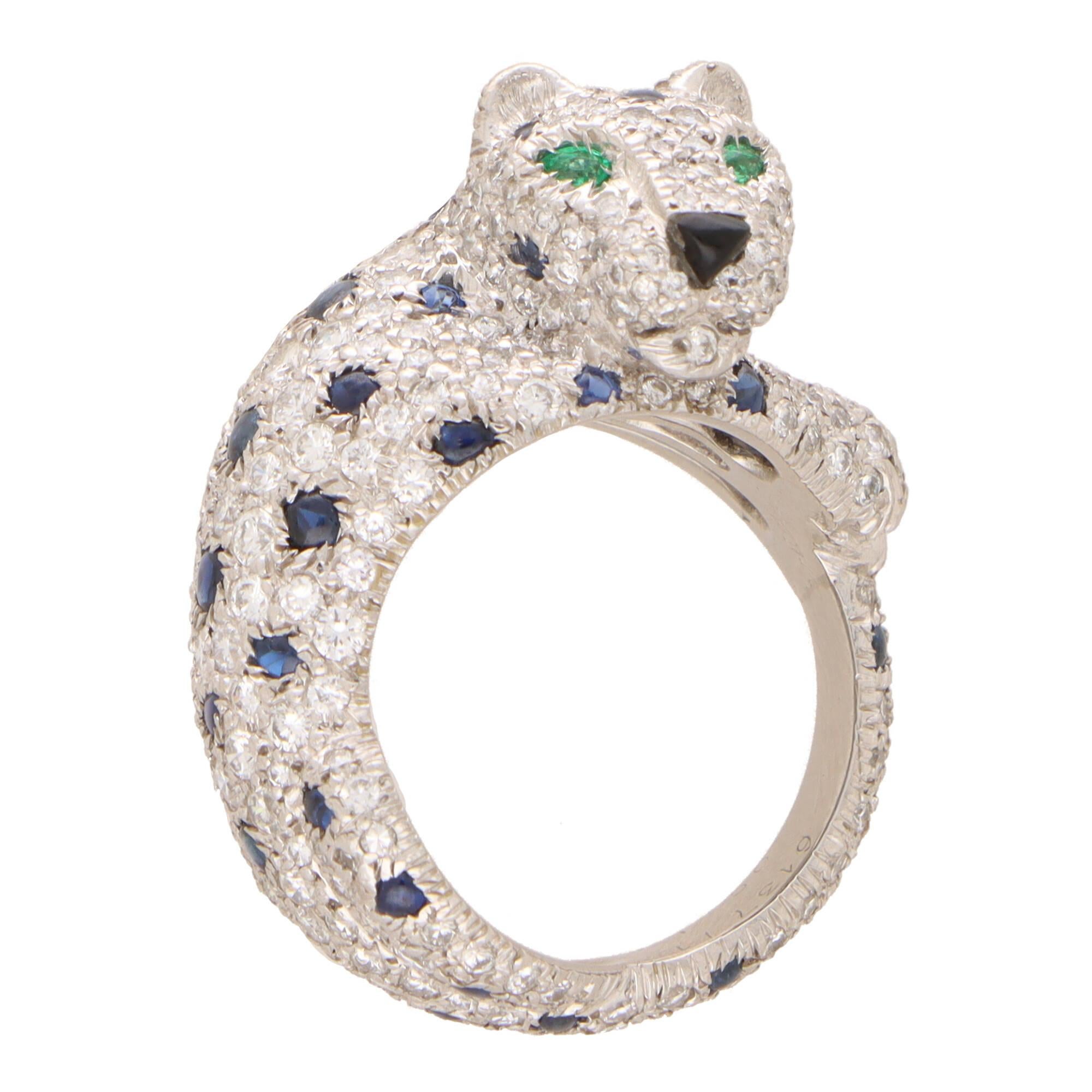 Women's or Men's Vintage Cartier Diamond and Cabochon Sapphire Panther Ring in Platinum
