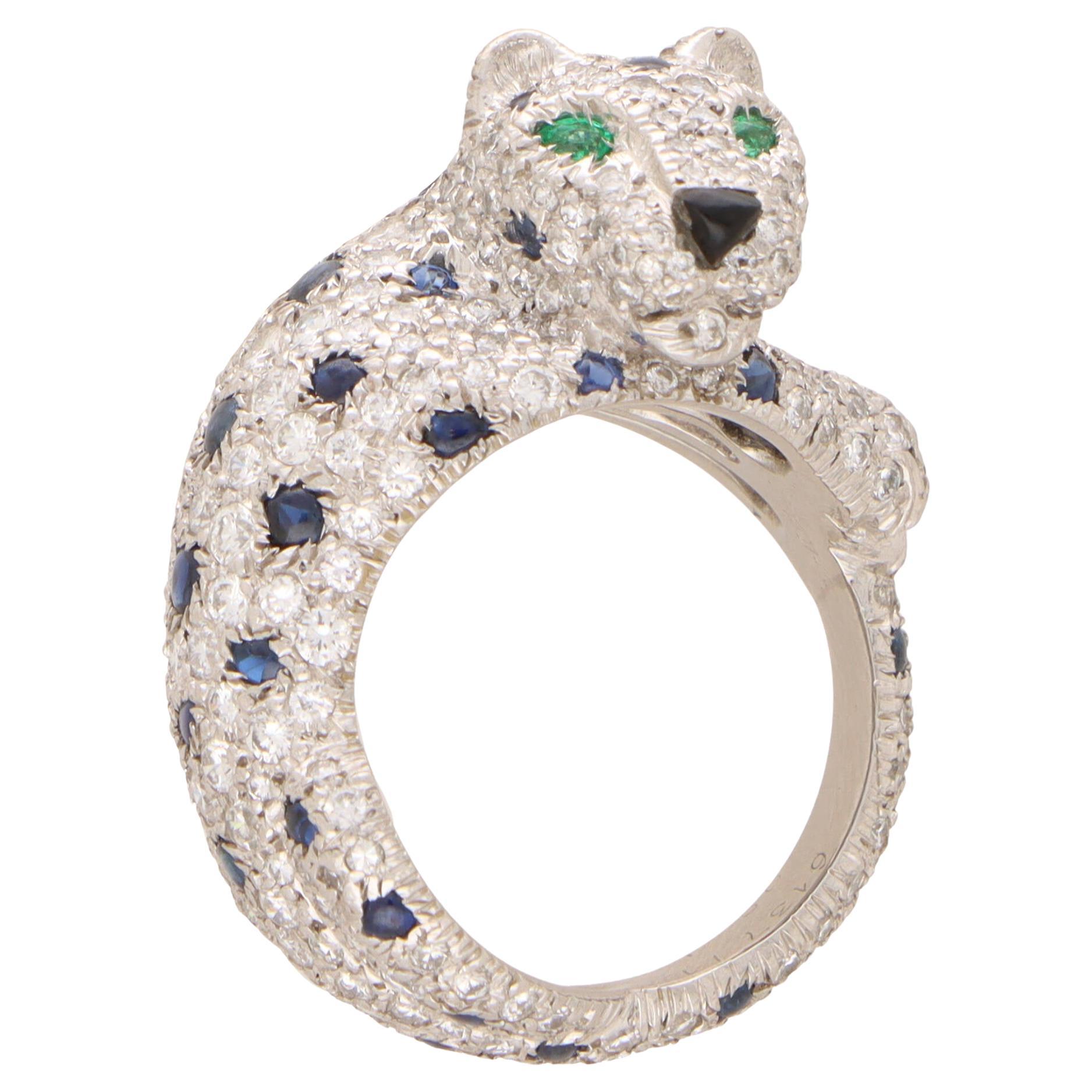 Vintage Cartier Diamond and Cabochon Sapphire Panther Ring in Platinum