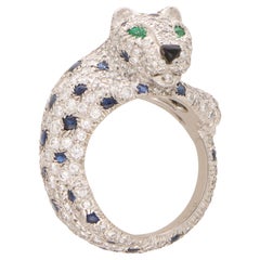 Antique Cartier Diamond and Cabochon Sapphire Panther Ring in Platinum