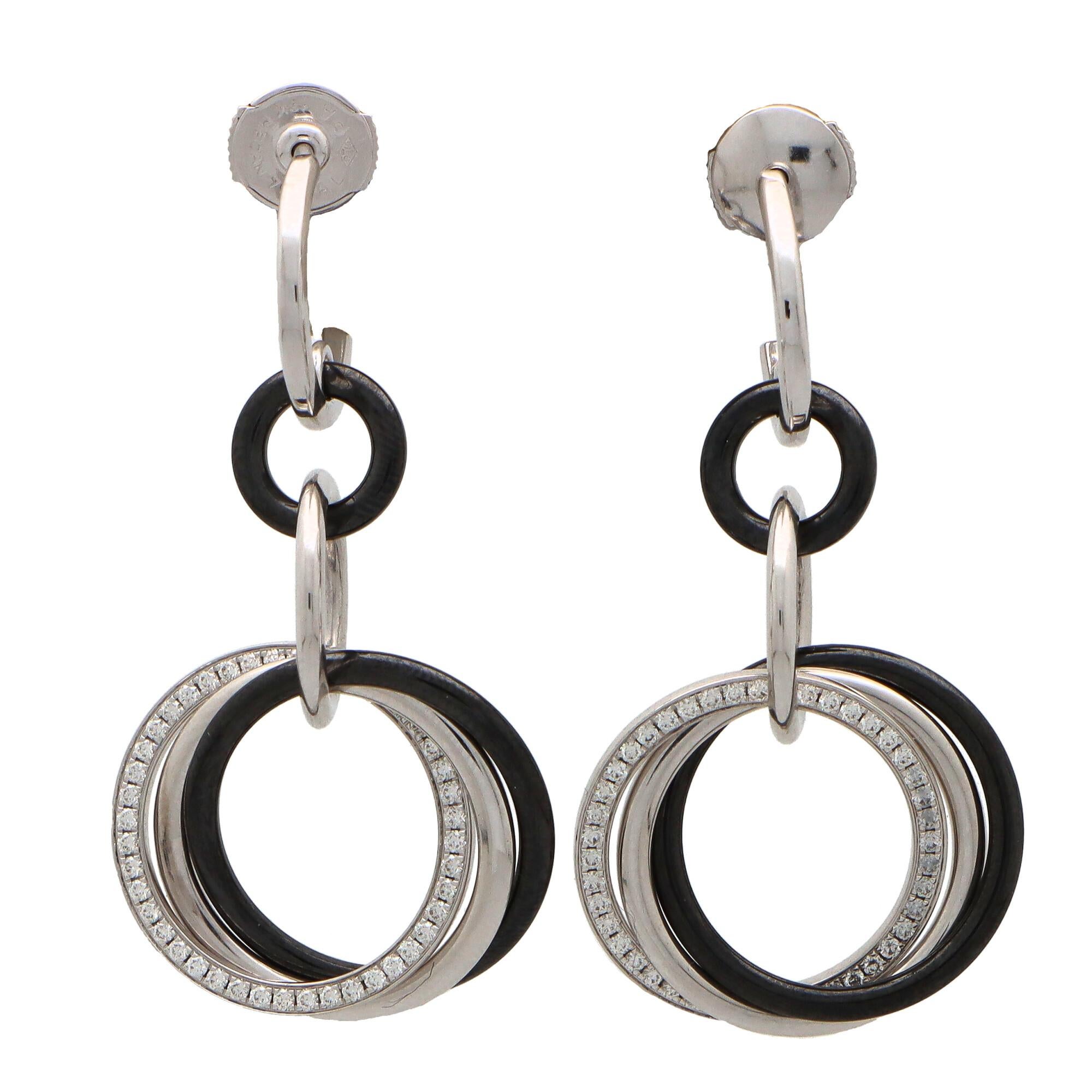 Round Cut Vintage Cartier Diamond and Ceramic Trinity Drop Earrings in 18k White Gold