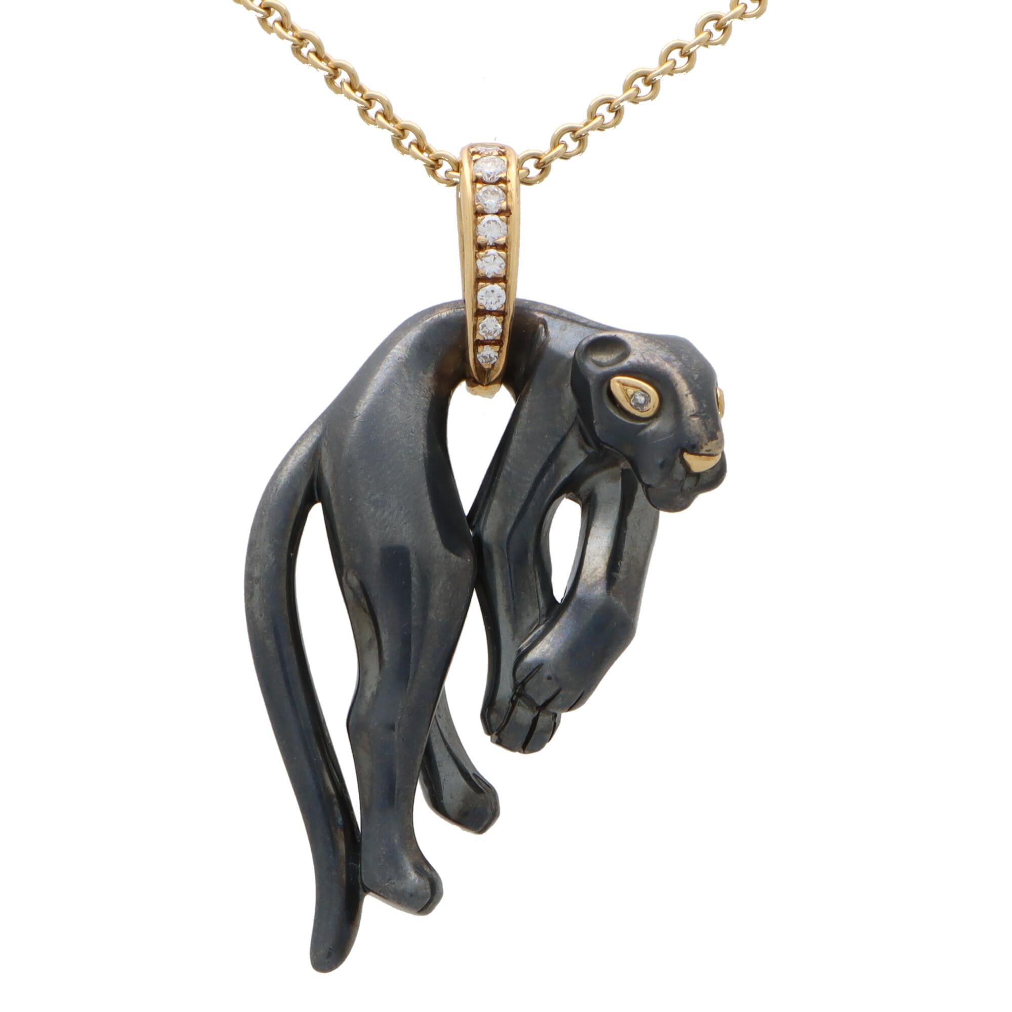 A beautiful vintage Cartier ‘Panthere De Cartier’ panther pendant set in 18k yellow gold.

The pendant depicts Cartier’s most iconic motif, the panther, made of carved hematite and yellow gold. The panther elegantly hangs from a diamond set bail and
