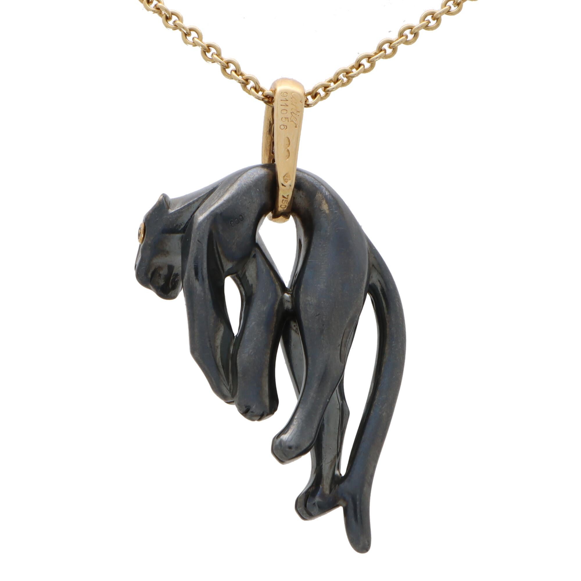 Retro Vintage Cartier Diamond and Hematite Panther Pendant in 18k Yellow Gold 