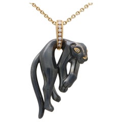 Vintage Cartier Diamond and Hematite Panther Pendant in 18k Yellow Gold 