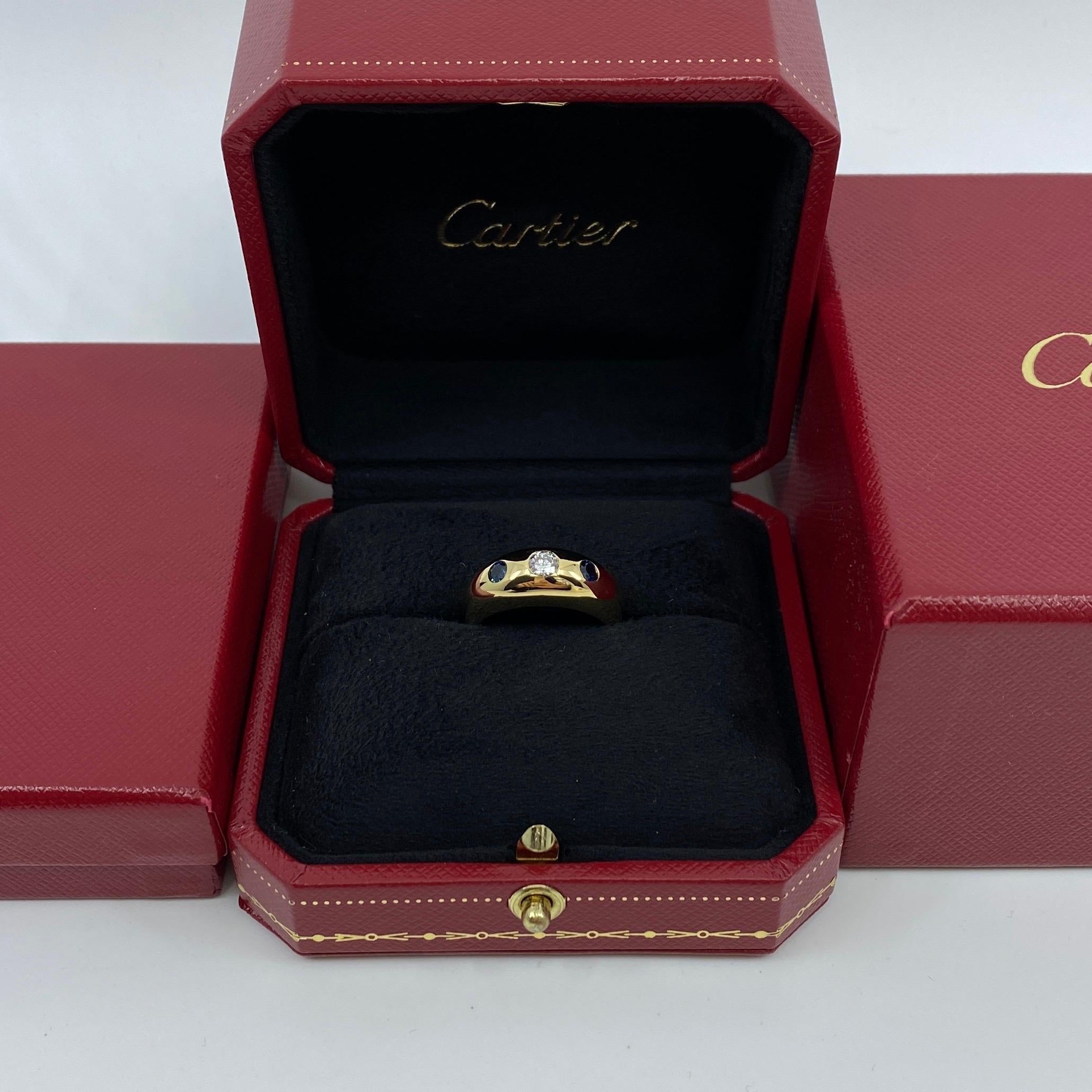 Vintage Cartier Diamond & Blue Sapphire French 18k Gold Three Stone Gypsy Ring In Good Condition In Birmingham, GB