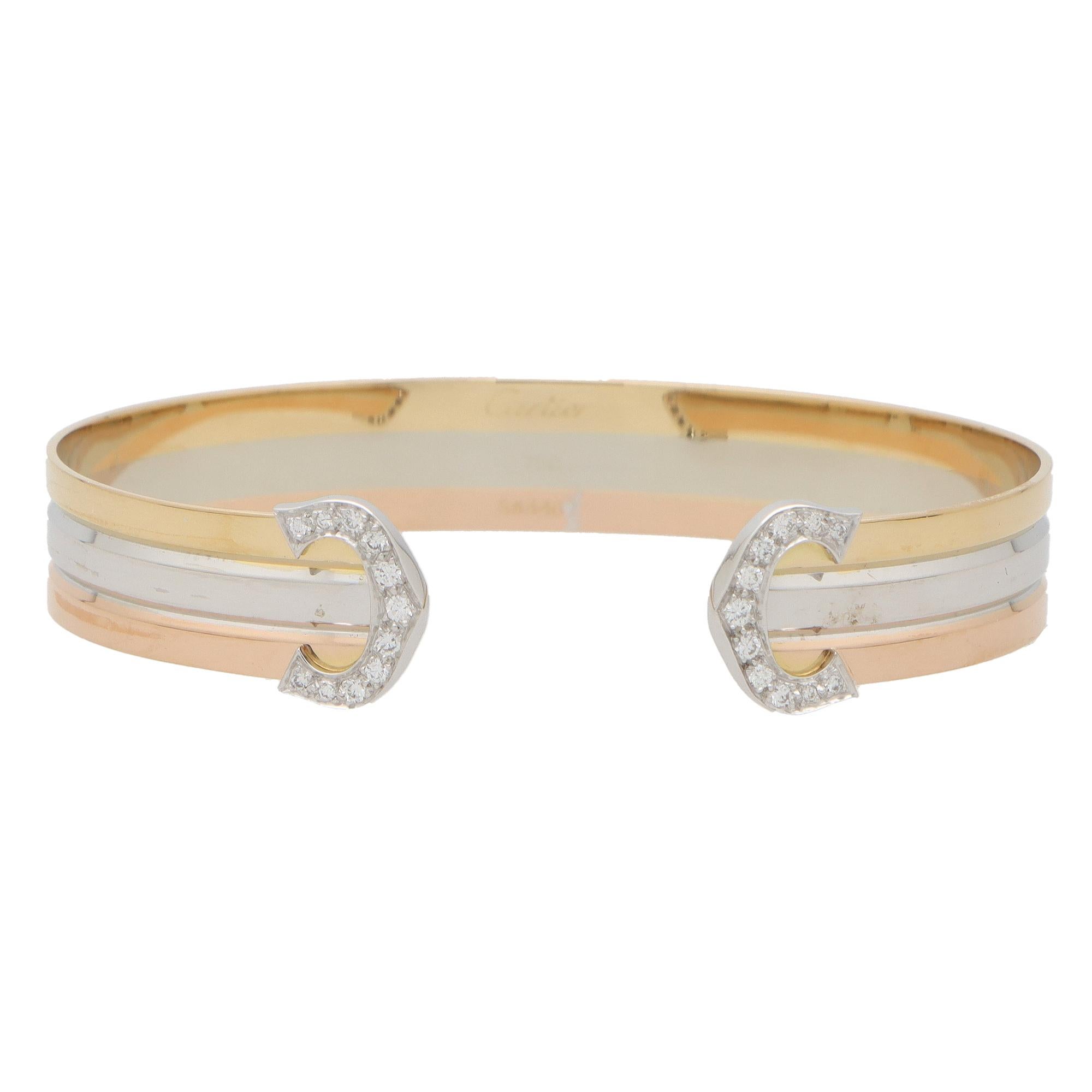 Retro Vintage Cartier Diamond Double C Bangle in 18k Rose, Yellow and White Gold