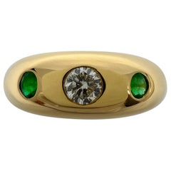 Vintage Cartier Diamond Emerald 18k Yellow Gold Three Stone Dome Daphne Ring 50