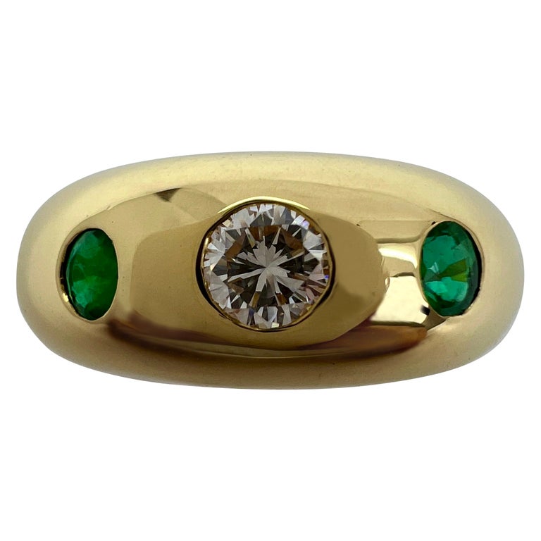 Vintage Cartier Diamond Emerald French 18k Yellow Gold Three Stone Gypsy  Ring