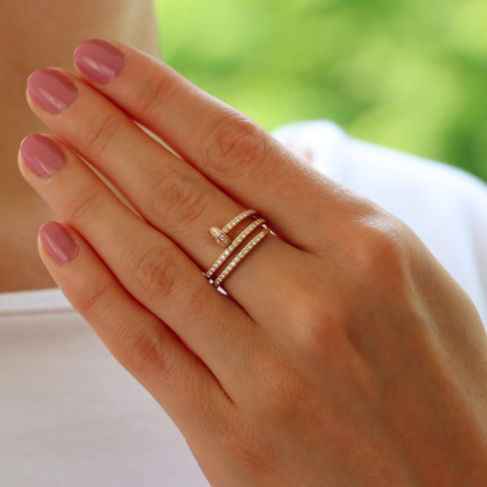 A beautiful vintage Cartier diamond Juste Un Clou ring set in 18k rose gold.

The Juste Un Clou collection is a firm favourite of many mainly due to the simple yet beautiful design. This ring is a current design from Cartier and is composed of a