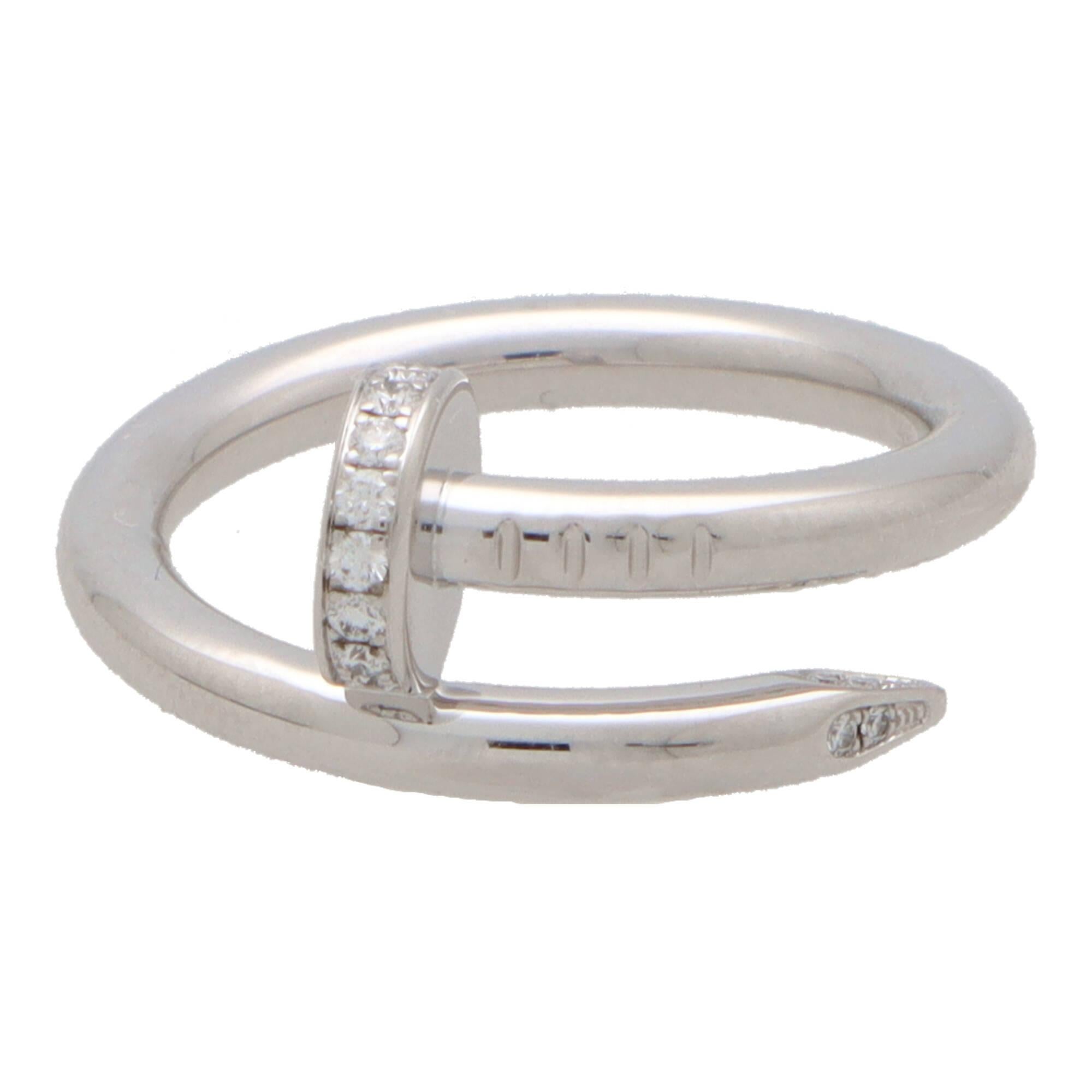 A classic Cartier Juste Un Clous ring set in 18k white gold.

The Juste Un Clou collection is a firm favourite of many mainly due to the simple yet beautiful design. The ring is composed of a 2.6-millimetre band with 22 individual round brilliant