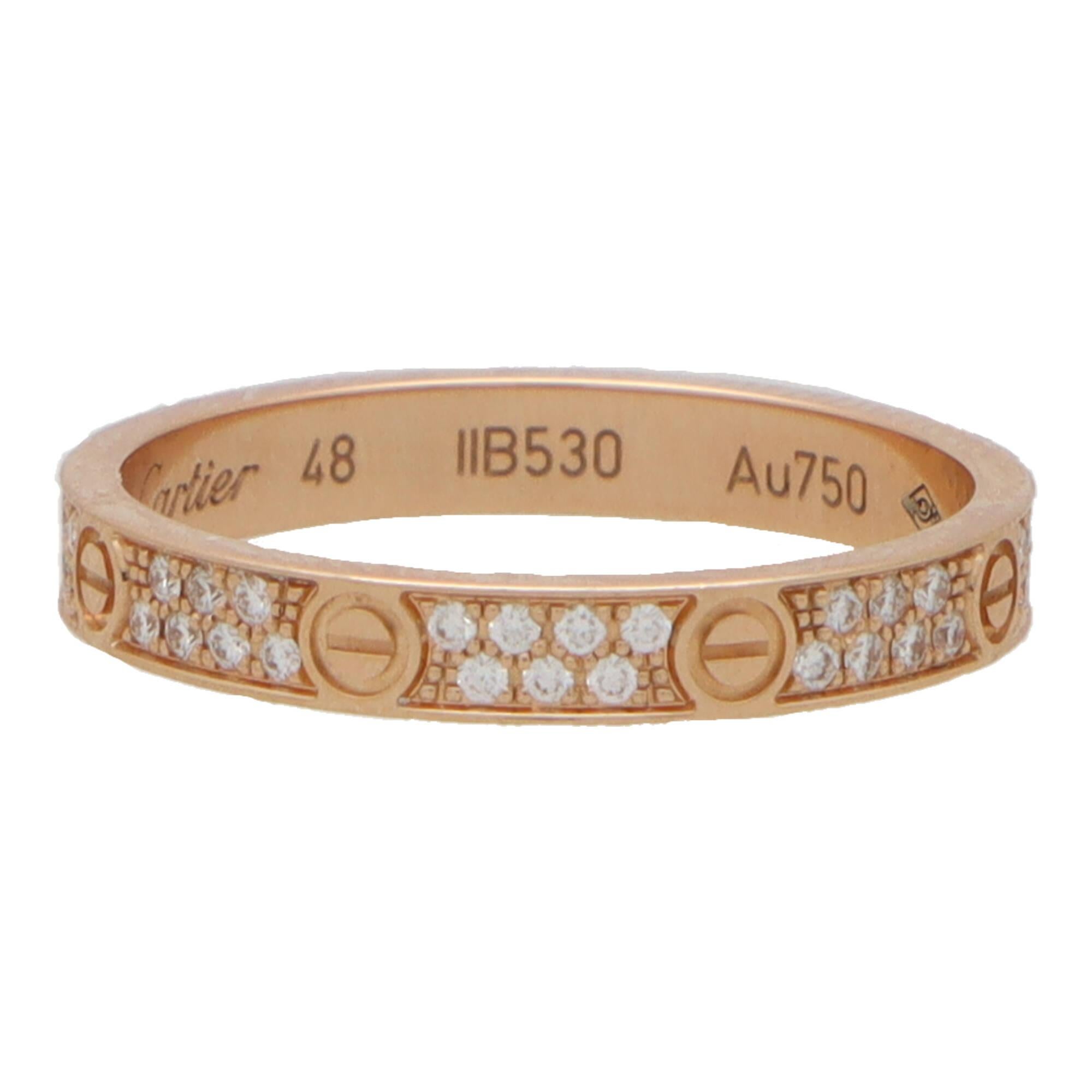  A vintage Cartier diamond mini Love ring set in 18k rose gold.

The Love collection is a firm favourite of many mainly due to the simple yet beautiful design. This particular love ring is from the Love ring collection and is the small model. It is