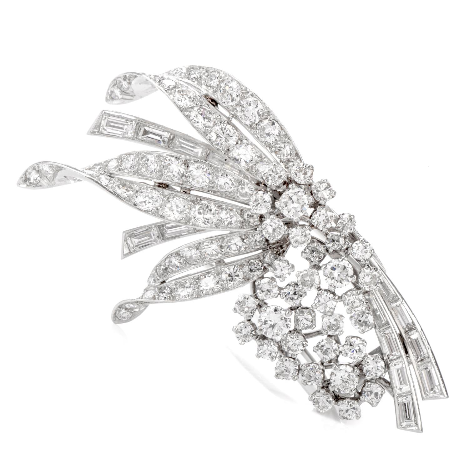Art Deco Retro Cartier Diamond Palladium Floral Double Clip Brooch Pin