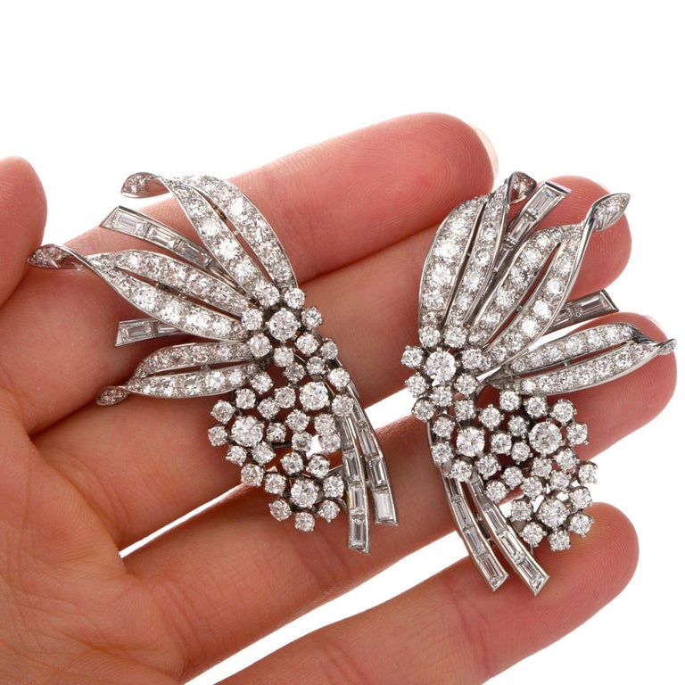 Retro Cartier Diamond Palladium Floral Double Clip Brooch Pin For Sale 1
