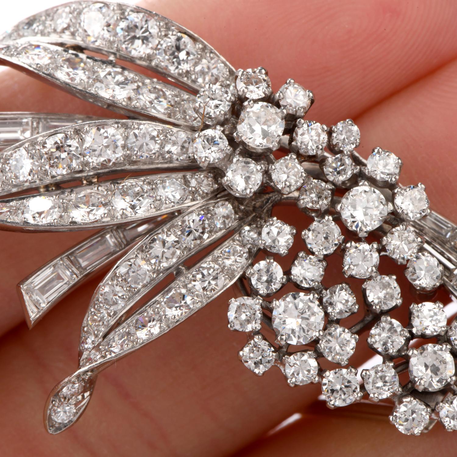 Women's Retro Cartier Diamond Palladium Floral Double Clip Brooch Pin