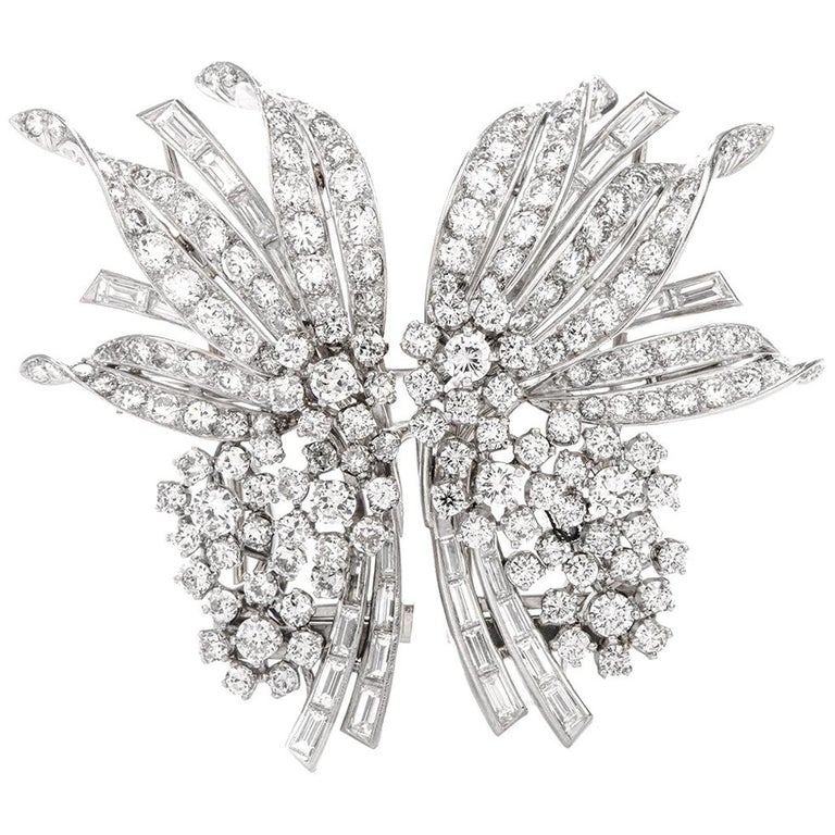 Retro Cartier Diamond Palladium Floral Double Clip Brooch Pin For Sale