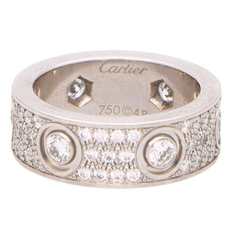 Round Cut Vintage Cartier Diamond Paved Love Ring in 18k White Gold with Box and Papers  For Sale
