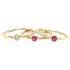 Vintage Cartier Diamond Ruby 18 Karat Yellow Gold Twisted Stacking Ring Set