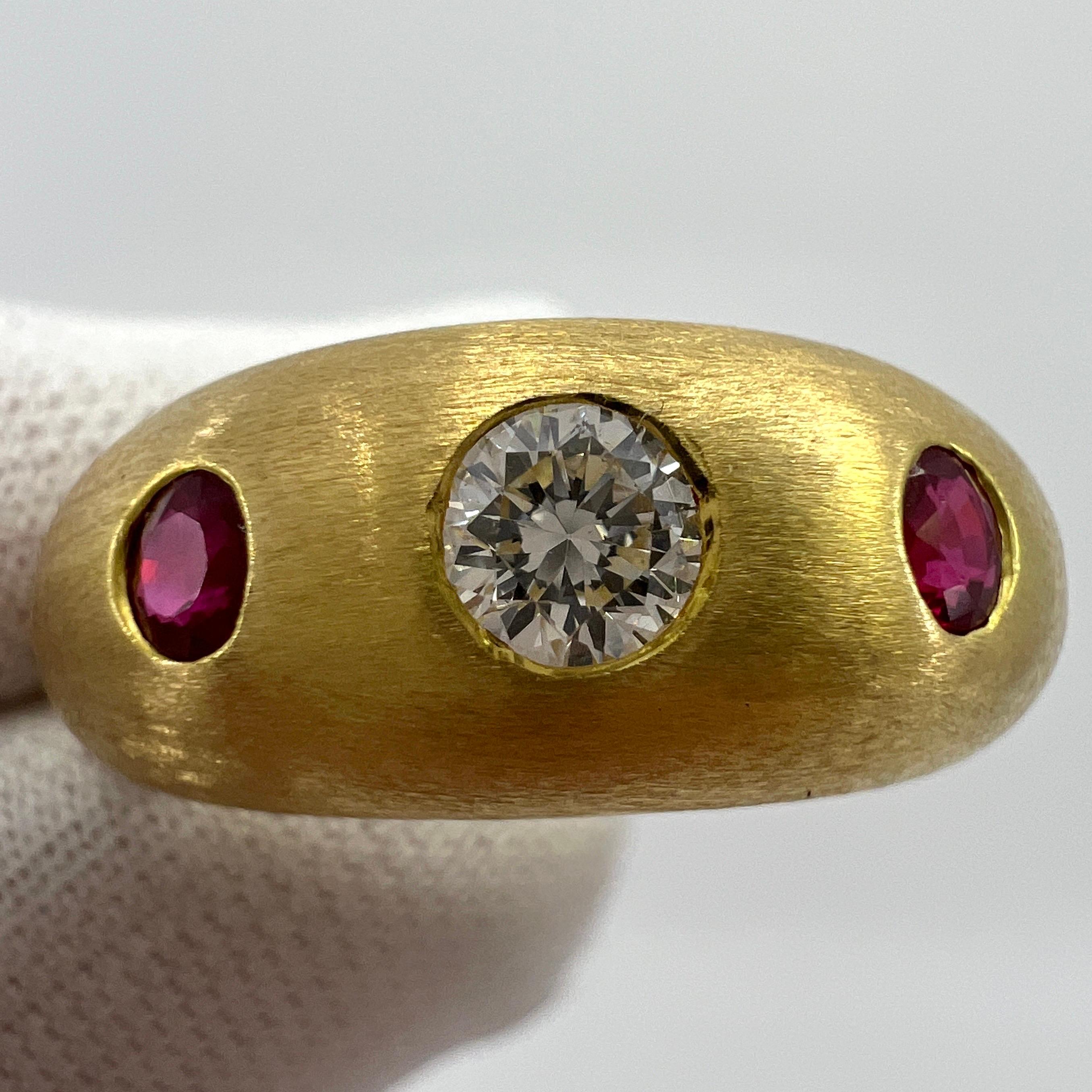 Round Cut Vintage Cartier Diamond Ruby Daphne 18k Brushed Gold Three Stone Domed Ring
