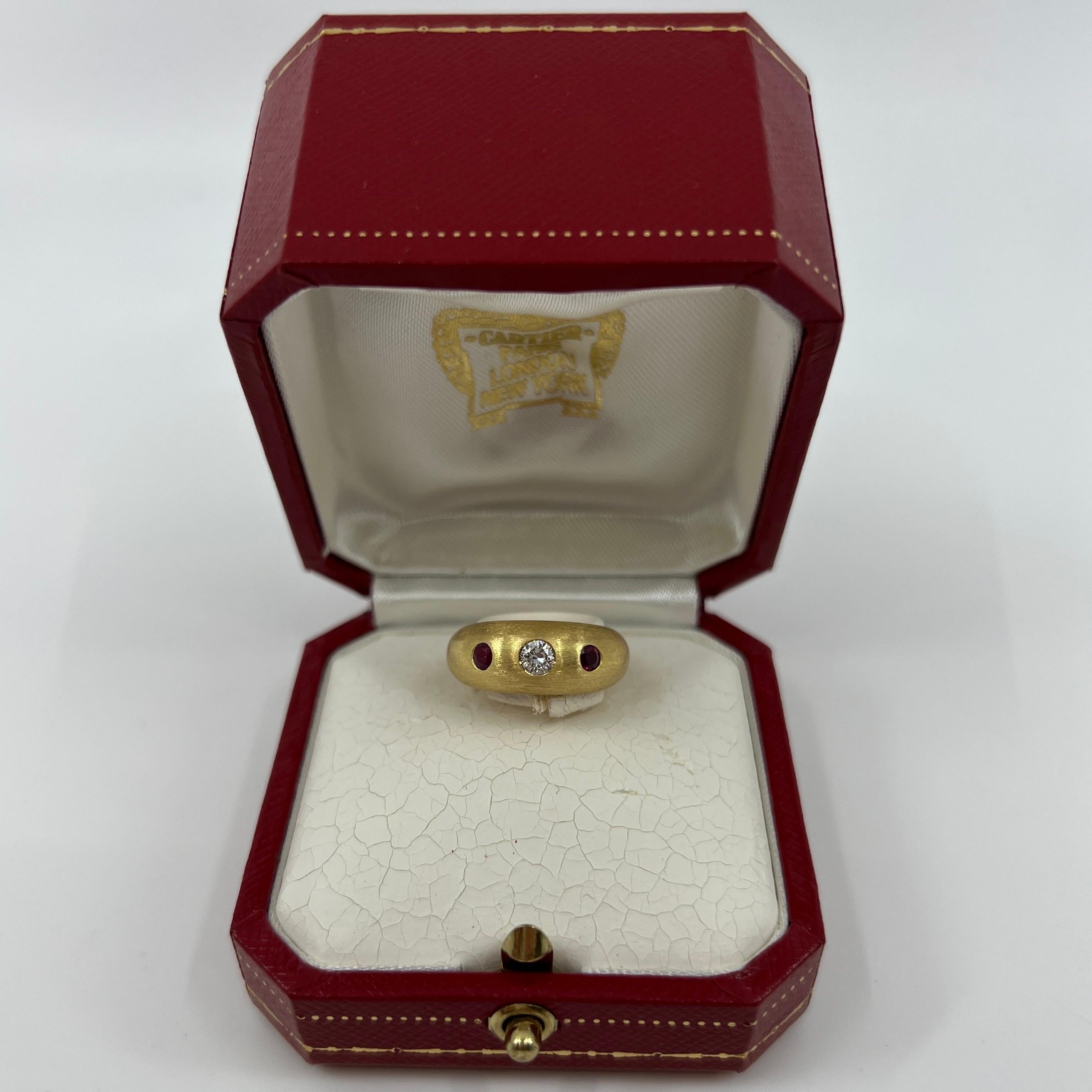 Women's or Men's Vintage Cartier Diamond Ruby Daphne 18k Brushed Gold Three Stone Domed Ring