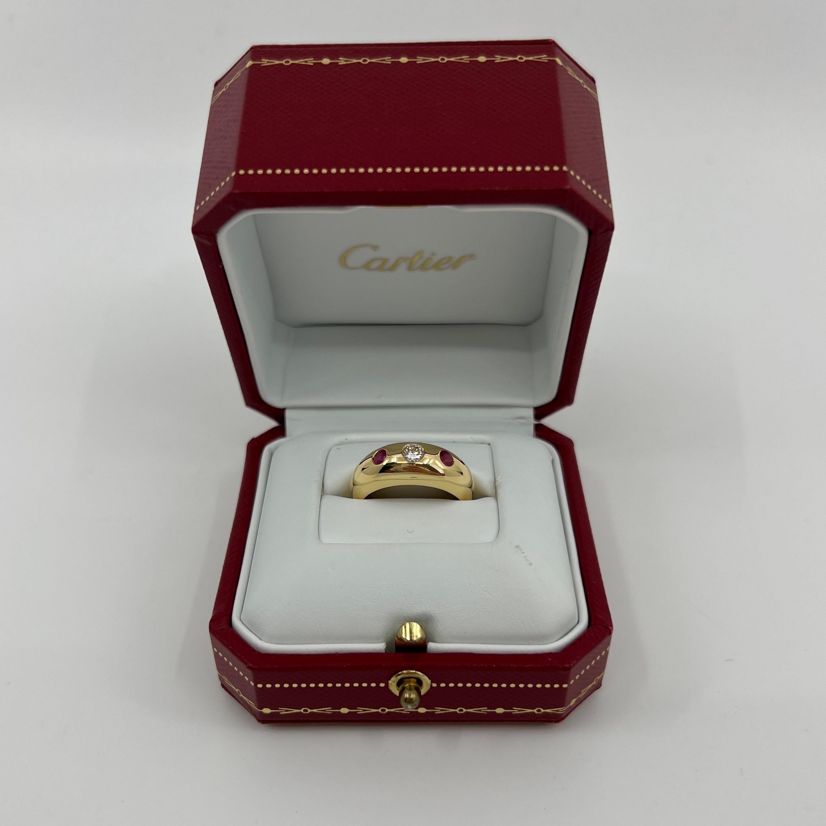 Vintage Cartier Diamond Ruby Daphne 18k Yellow Gold Three Stone Domed Ring EU51 For Sale 5