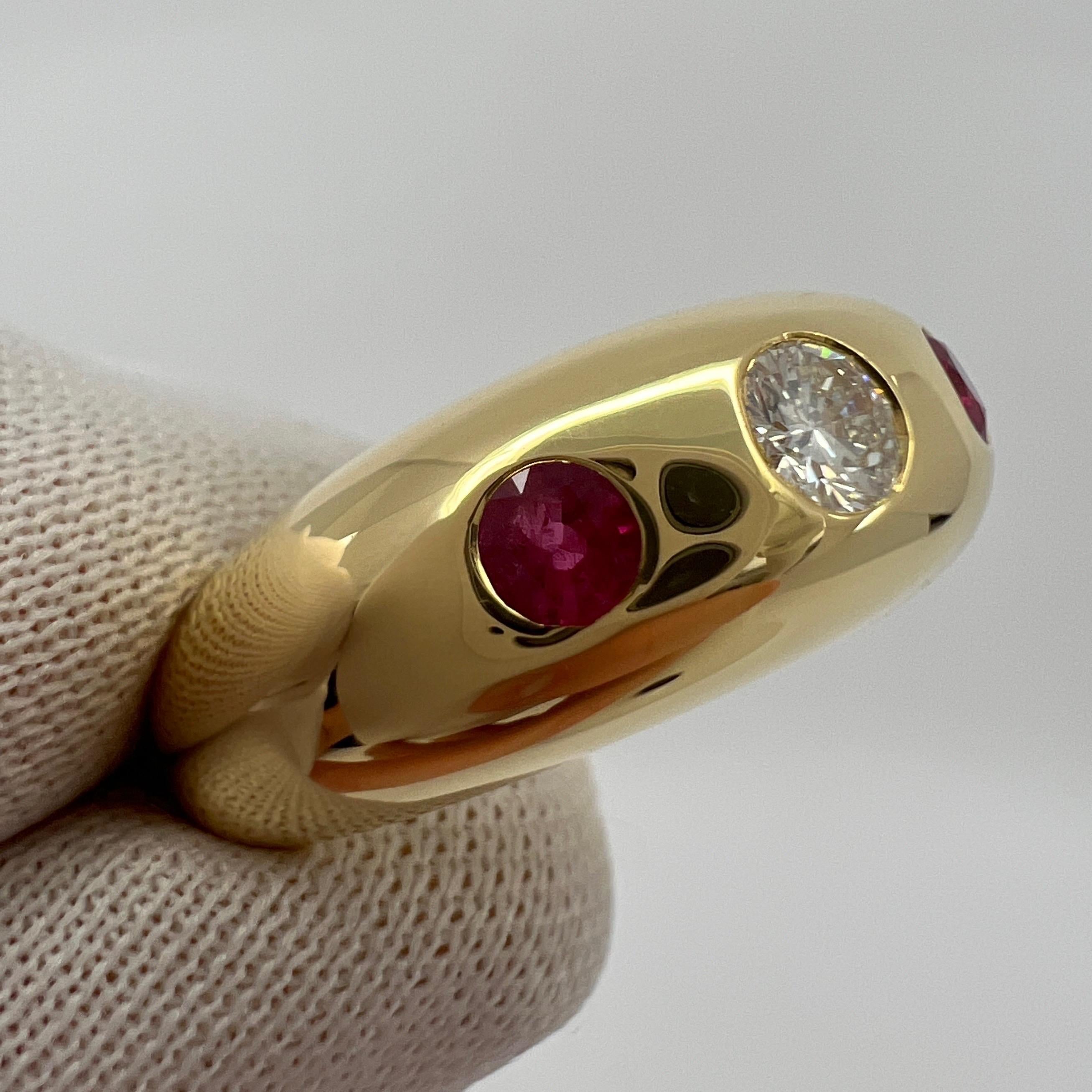 Vintage Cartier Diamond Ruby Daphne 18k Yellow Gold Three Stone Domed Ring EU51 For Sale 7