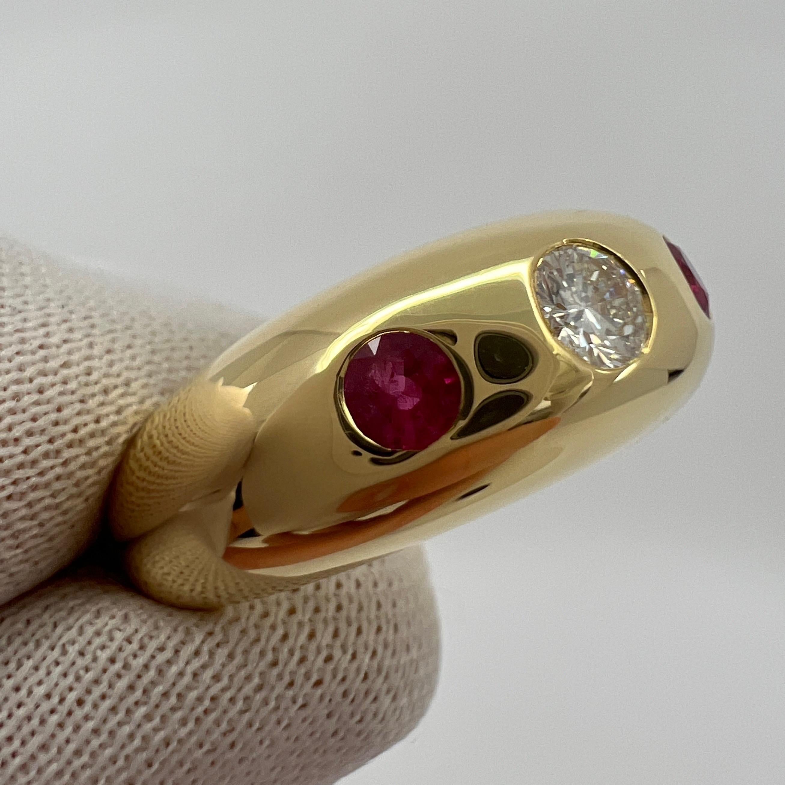 Vintage Cartier Diamond Ruby Daphne 18k Yellow Gold Three Stone Domed Ring EU50 For Sale 7