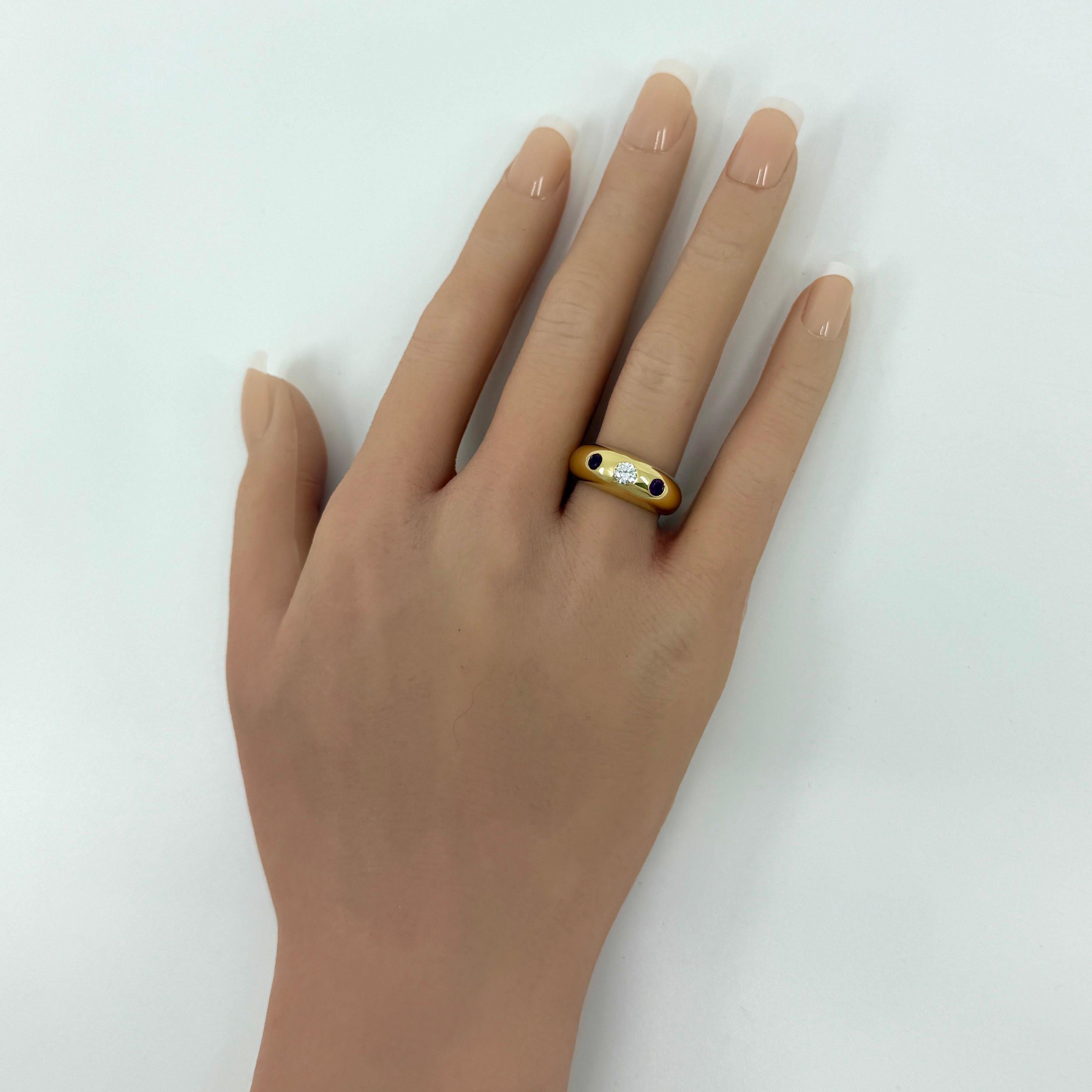 Vintage Cartier Diamond Ruby Daphne 18k Yellow Gold Three Stone Domed Ring EU52 For Sale 5