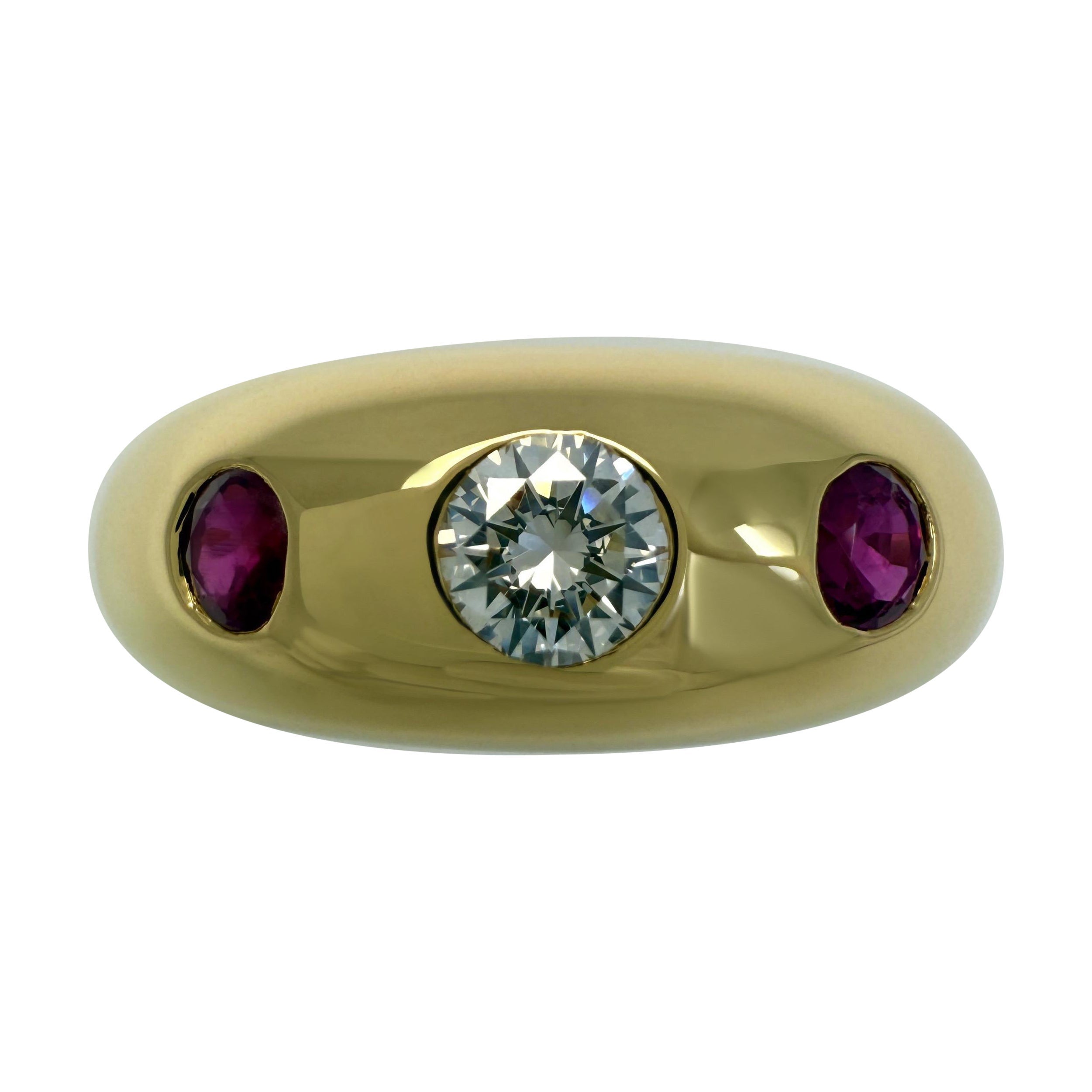Vintage Cartier Diamond Ruby Daphne 18k Yellow Gold Three Stone Domed Ring EU53 For Sale