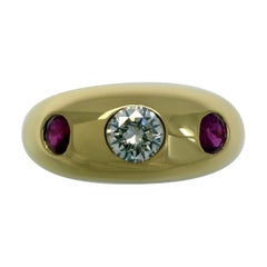 Vintage Cartier Diamond Ruby Daphne 18k Yellow Gold Three Stone Domed Ring EU53