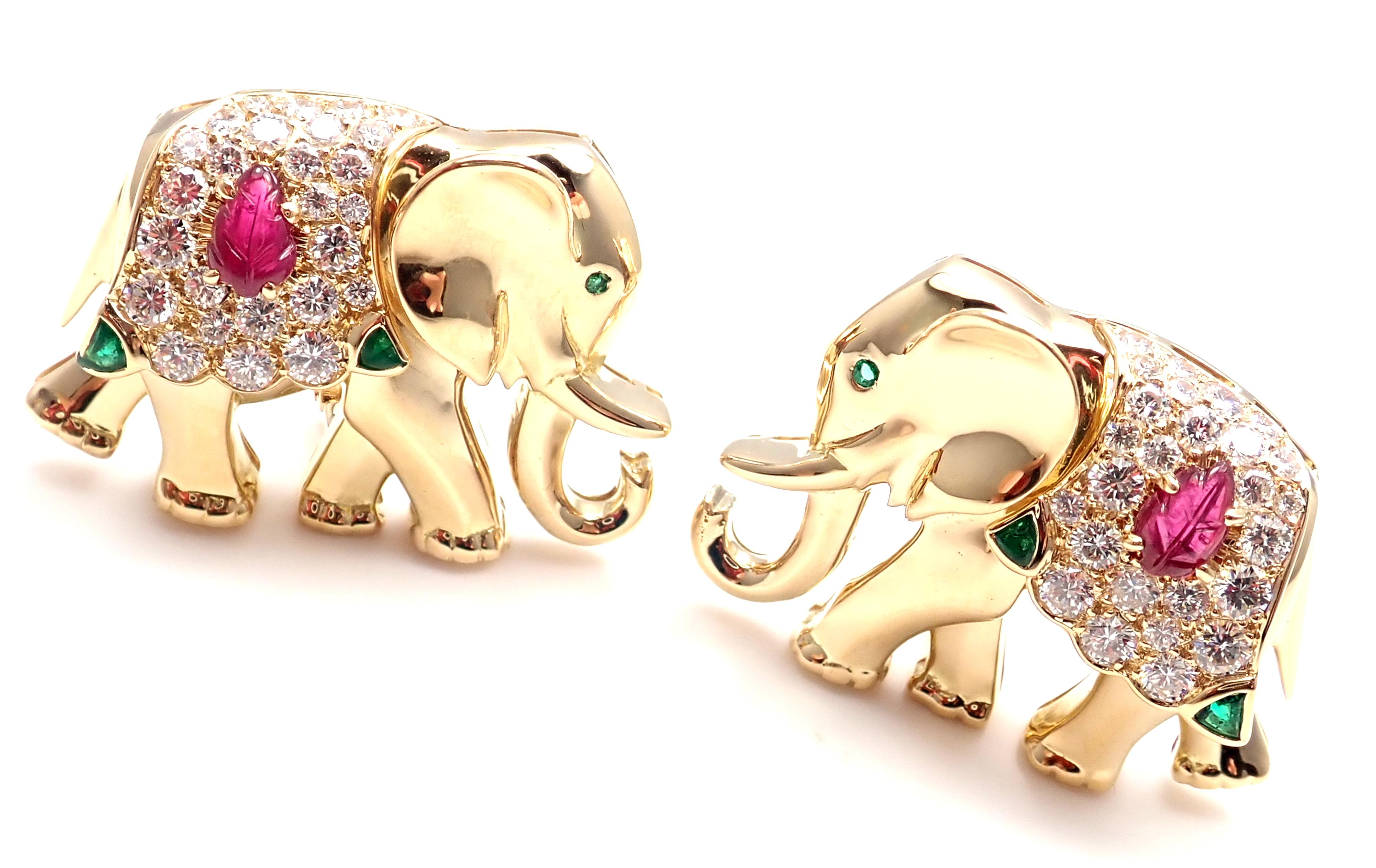18k Yellow Gold Diamond Ruby Emerald Vintage Large Elephant Earrings by Cartier. 
With 48 round brilliant cut diamonds VVS1 clarity, E color total weight approx. 2ct
2 carved rubies 6mm x 4mm each
6 emeralds
***These earrings are made for pierced