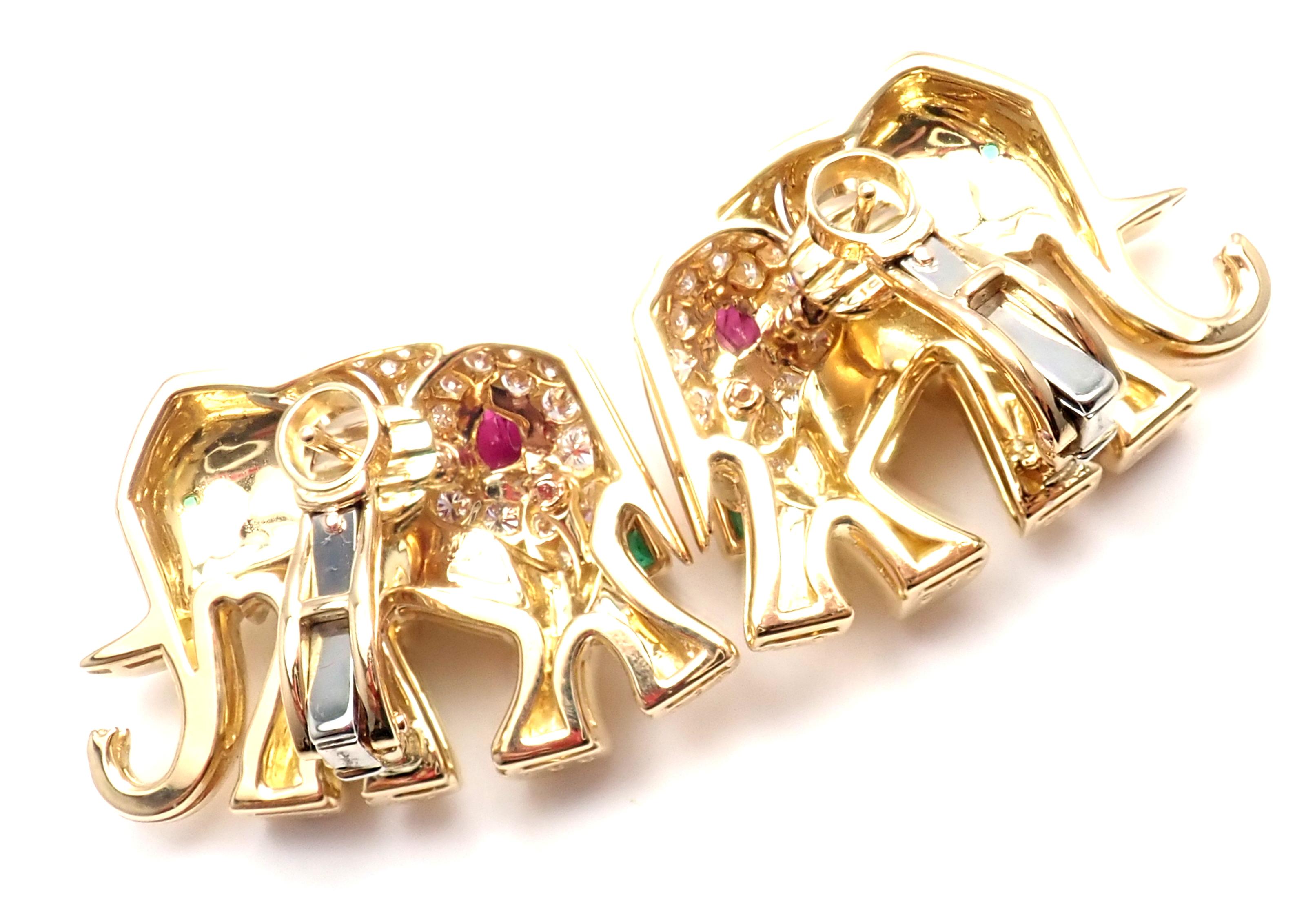 Women's or Men's Vintage Cartier Diamond Ruby Emerald Yellow Gold Large Elephant Earrings