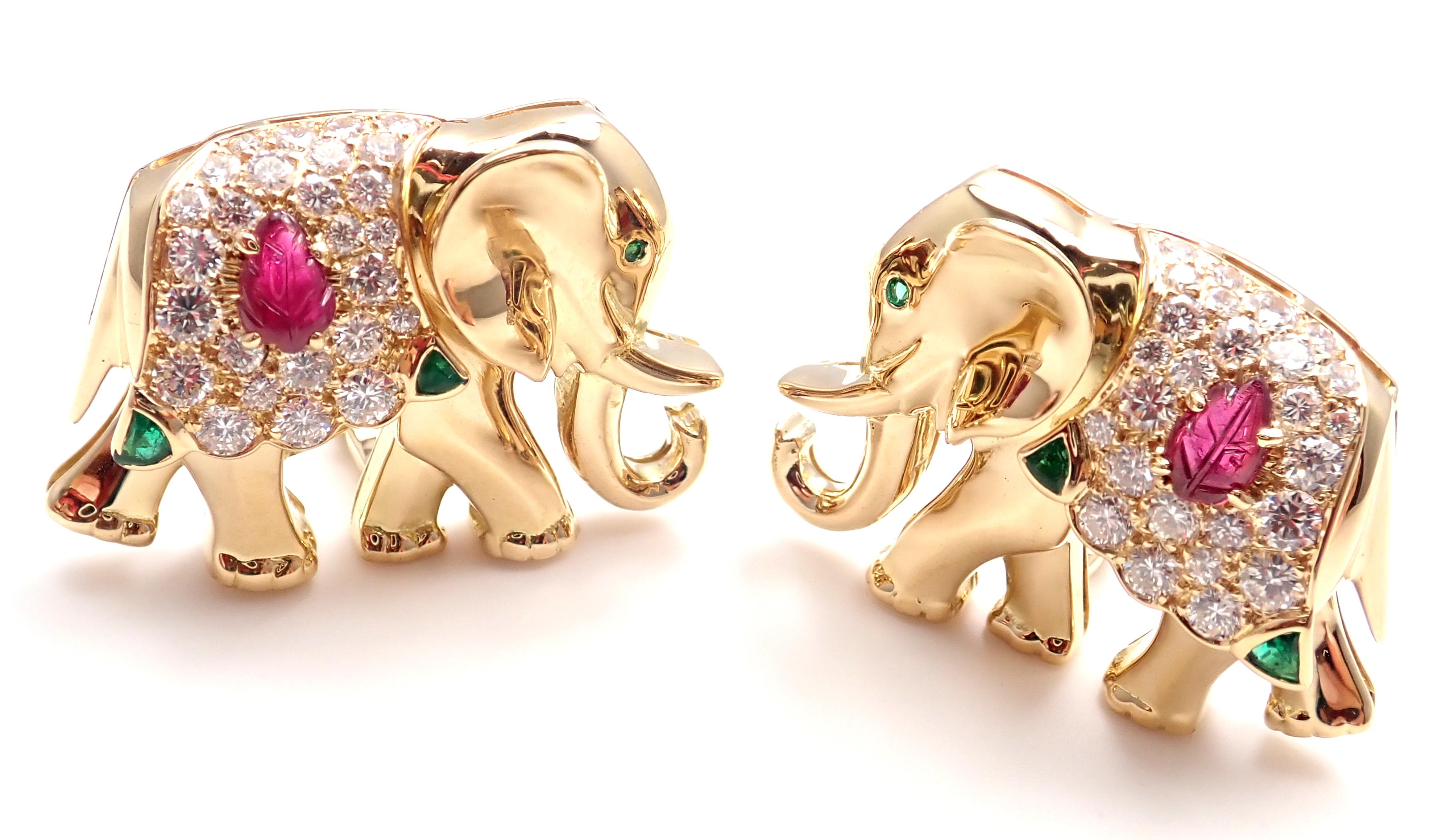 Vintage Cartier Diamond Ruby Emerald Yellow Gold Large Elephant Earrings 1