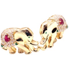 Vintage Cartier Diamond Ruby Emerald Yellow Gold Large Elephant Earrings