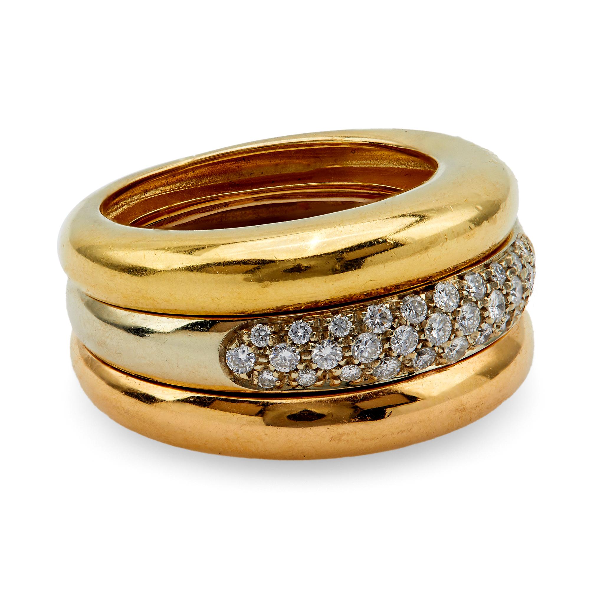 Stapelbarer Vintage Cartier Tri Goldring mit Diamanten für Damen oder Herren