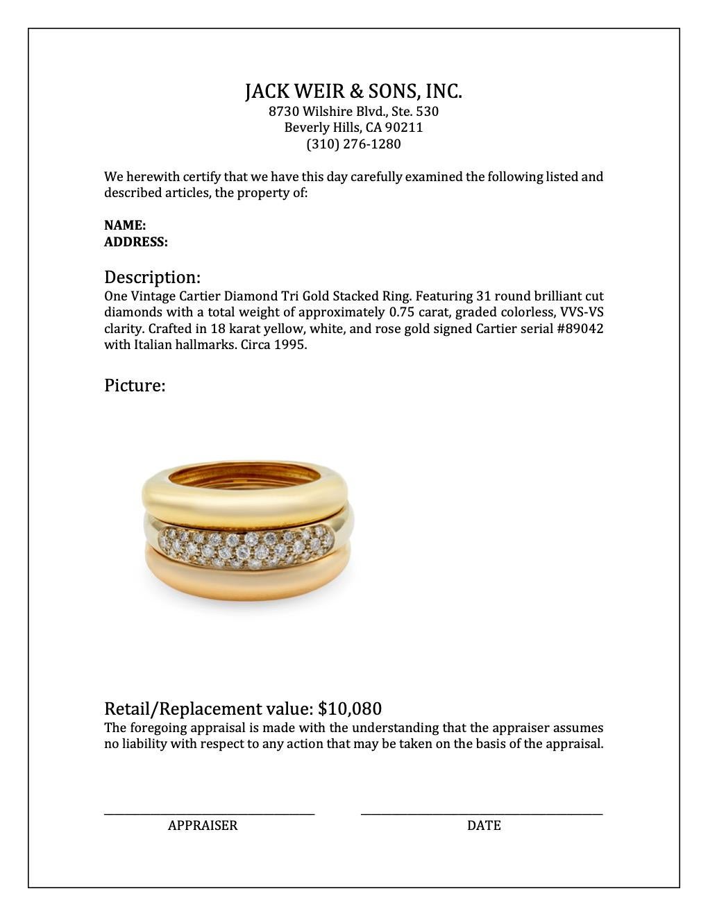 Stapelbarer Vintage Cartier Tri Goldring mit Diamanten 2