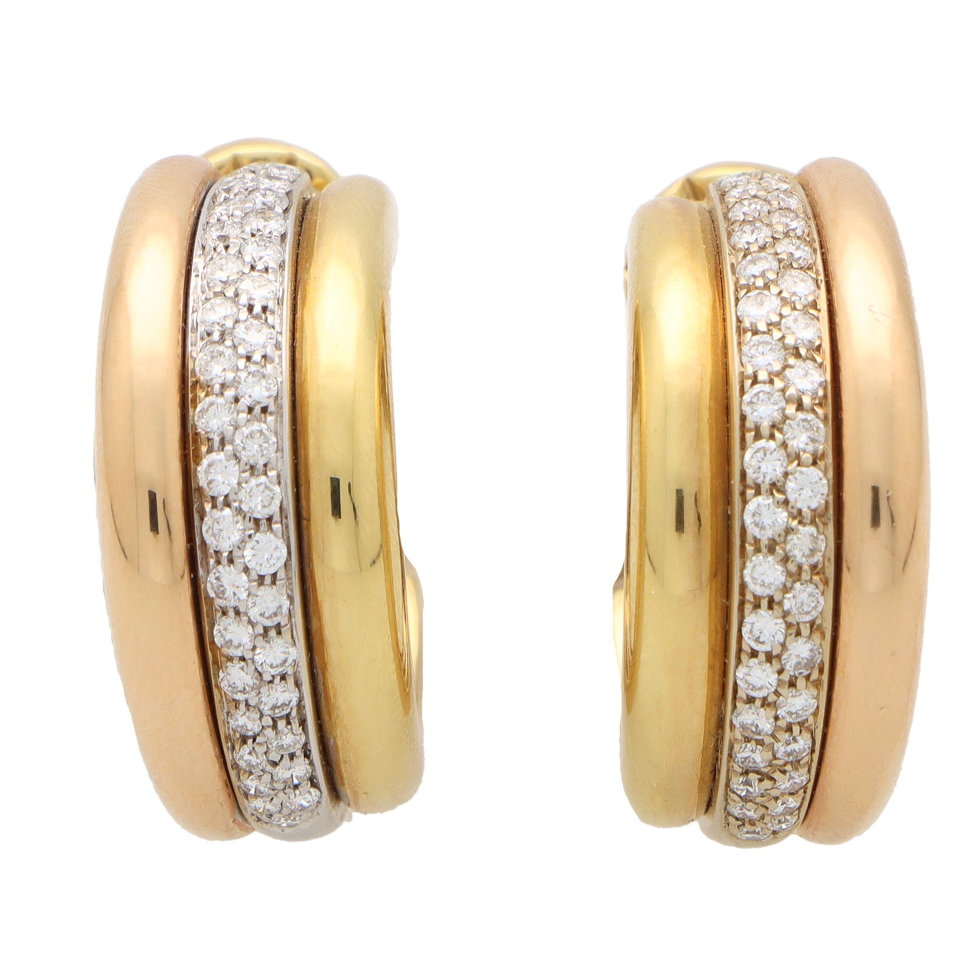 Round Cut Vintage Cartier Diamond Trinity Hoop Earrings in 18k Gold