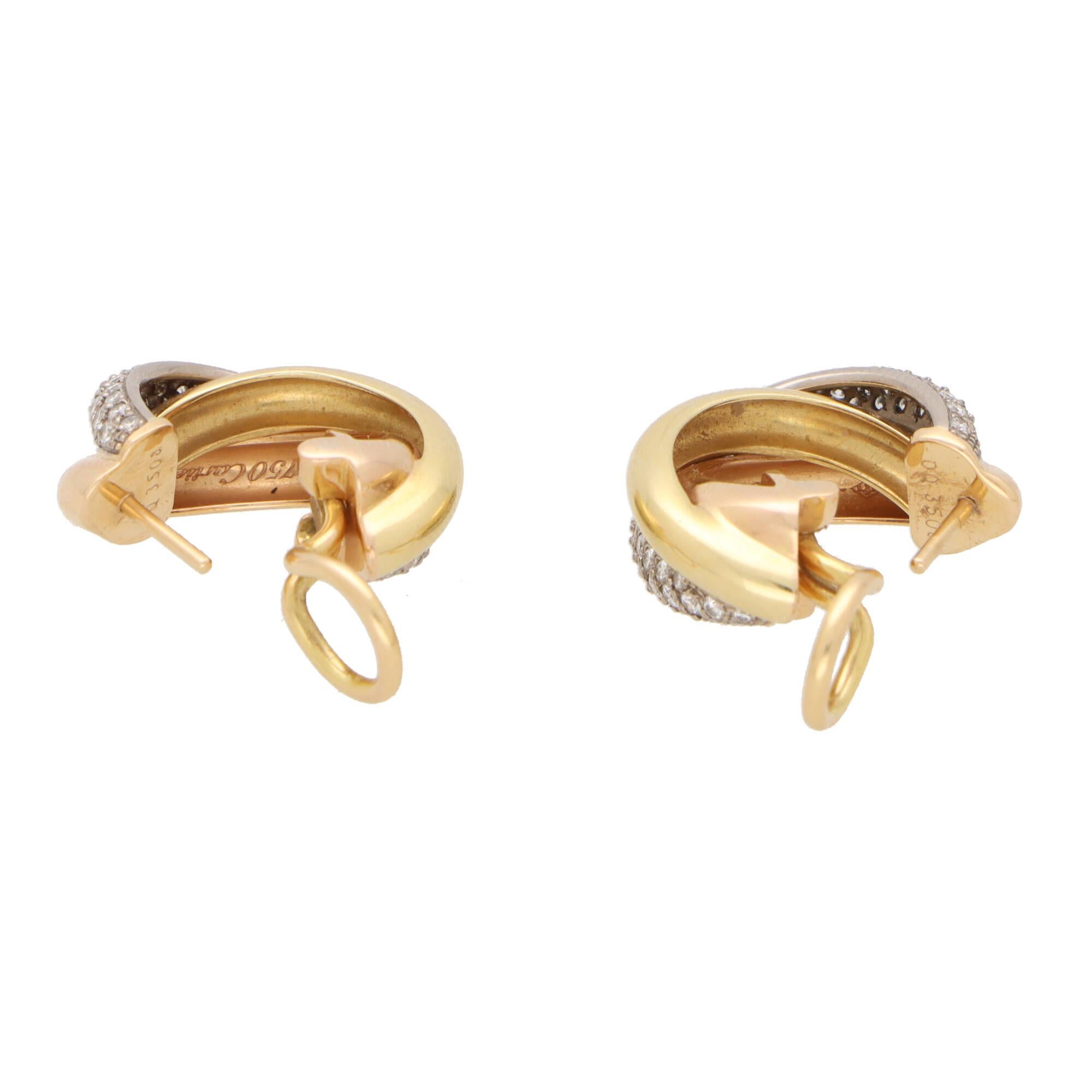 Modern Vintage Cartier Diamond Trinity Hoop Earrings in 18k Yellow, Rose and White Gold