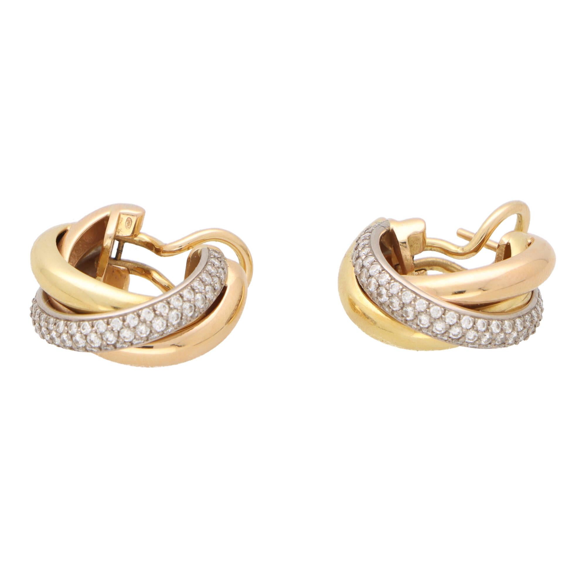 Round Cut Vintage Cartier Diamond Trinity Hoop Earrings in 18k Yellow, Rose and White Gold