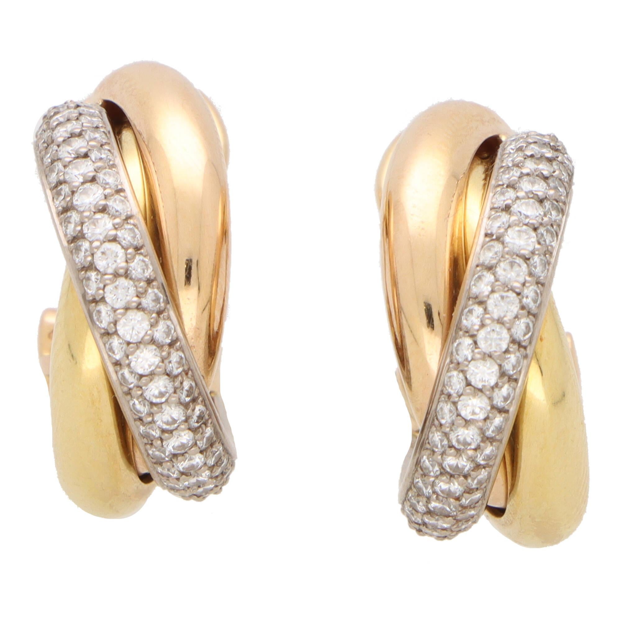 Vintage Cartier Diamond Trinity Hoop Earrings in 18k Yellow, Rose and White Gold In Excellent Condition In London, GB