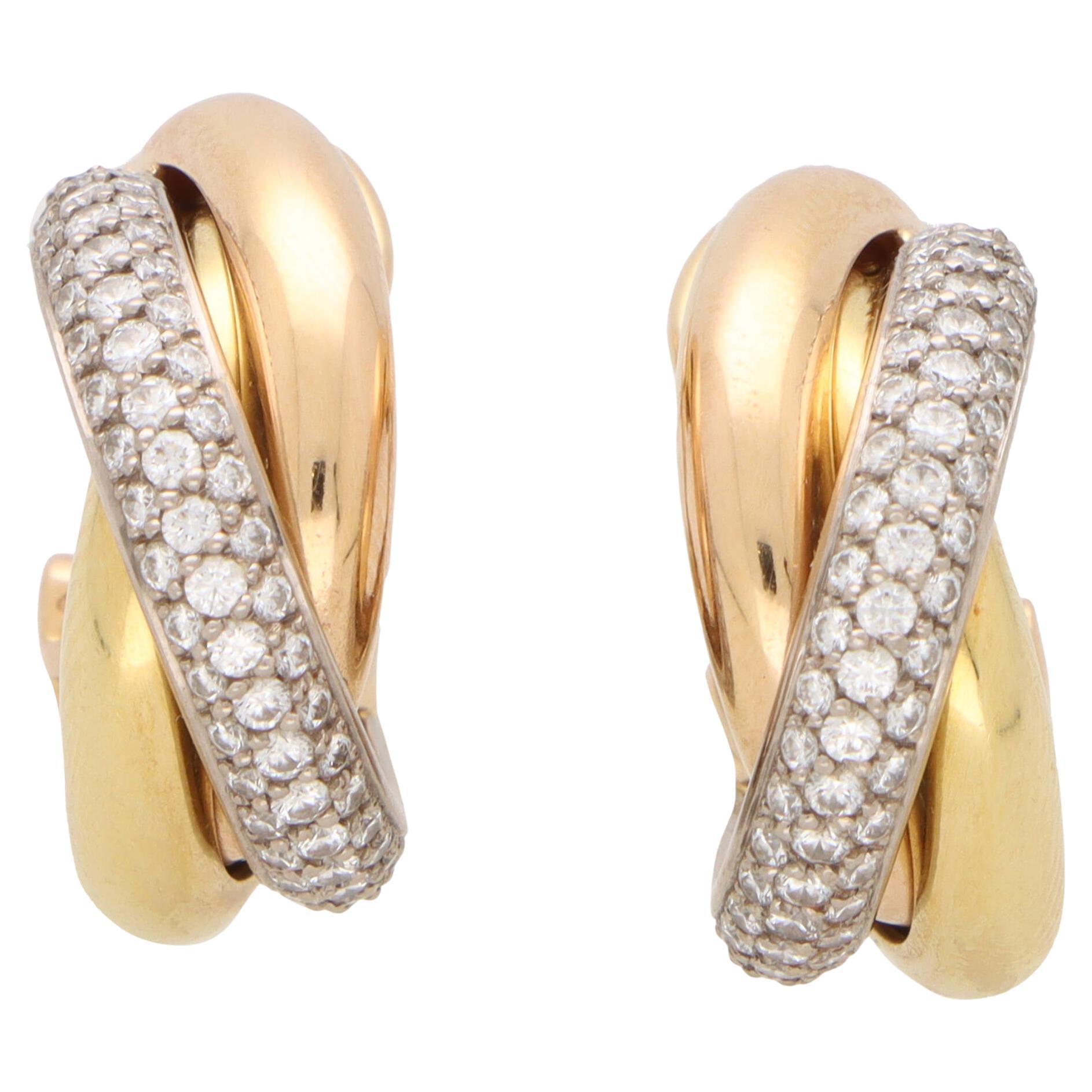 Vintage Cartier Diamond Trinity Hoop Earrings in 18k Yellow, Rose and White Gold For Sale