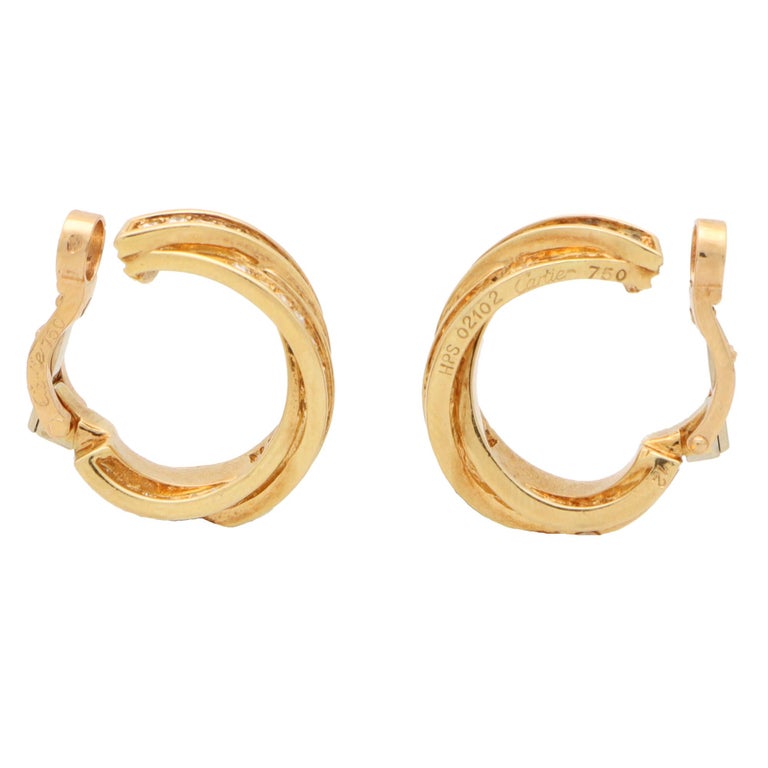 Vintage Cartier Diamond Trinity Hoop Earrings Set in 18k Yellow Gold at 1stDibs cartier
