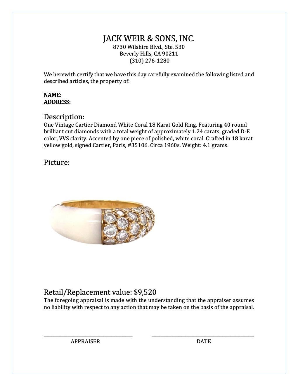 Vintage Cartier Diamond White Coral 18 Karat Gold Ring 1