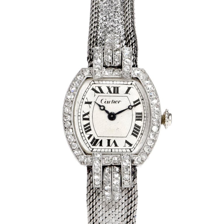 Vintage Cartier Diamond White Gold Ladies Wrist Watch For Sale at 1stdibs