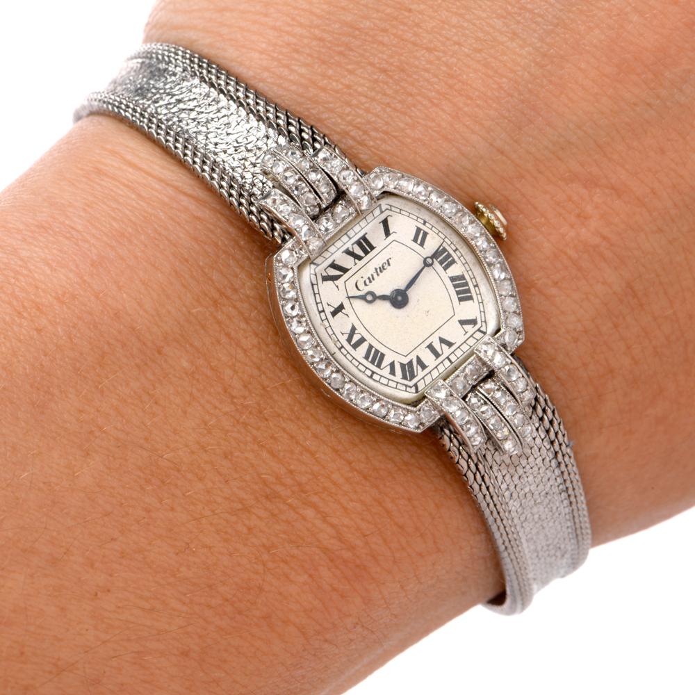 Art Deco Vintage Cartier Diamond White Gold Ladies Wrist Watch