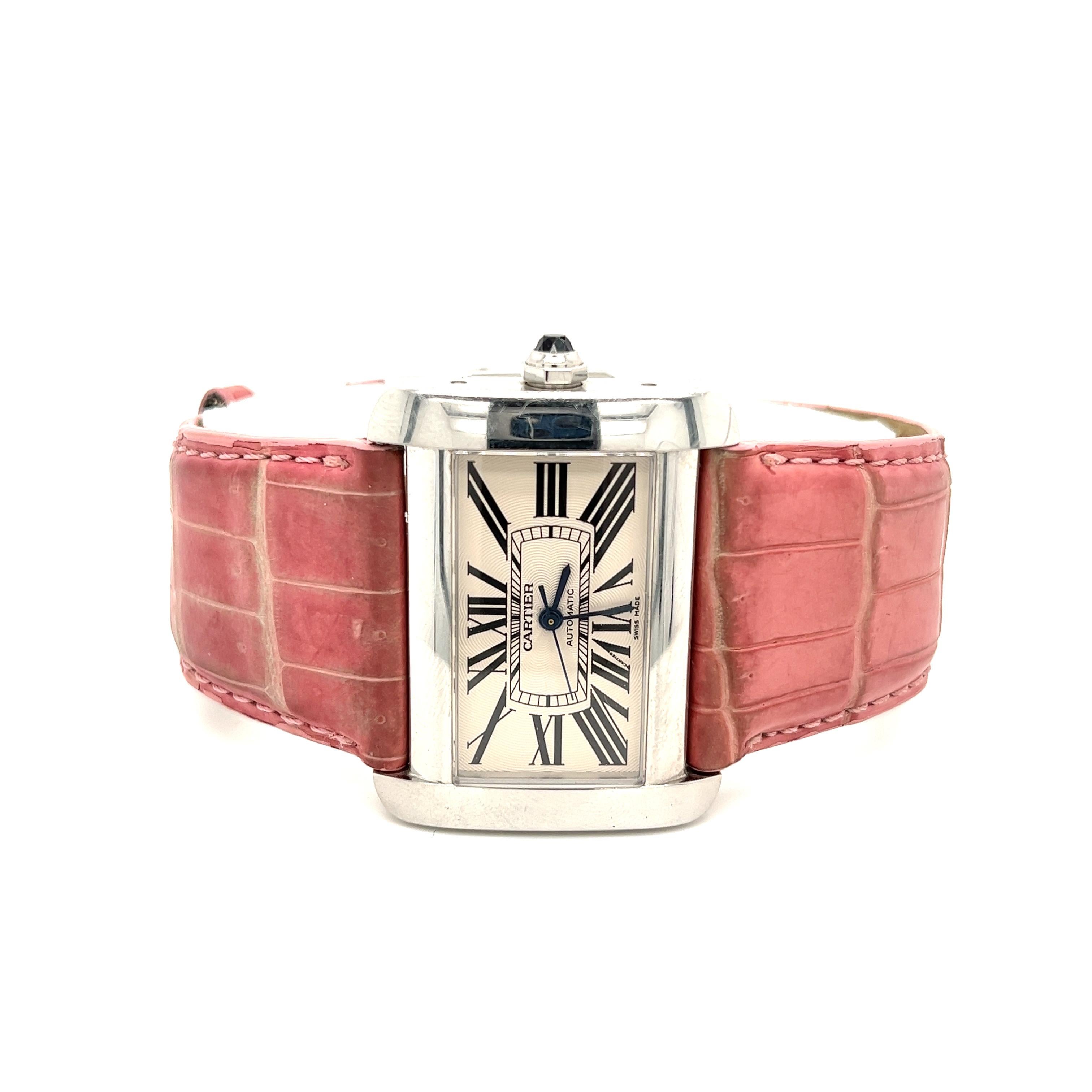 Women's Vintage Cartier Divan 2612 Ladies Wrist Watch W/ Pink Leather Strap For Sale