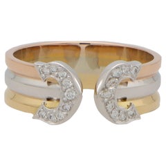 Vintage Cartier Double C Diamond Ring Set in 18k Yellow, Rose and White Gold