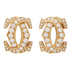 Vintage Cartier Double C Motif Diamond Earrings Set in 18k Yellow Gold