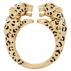 Retro Cartier Double Panthere Head Ring in 18K Yellow Gold and Black Enamel