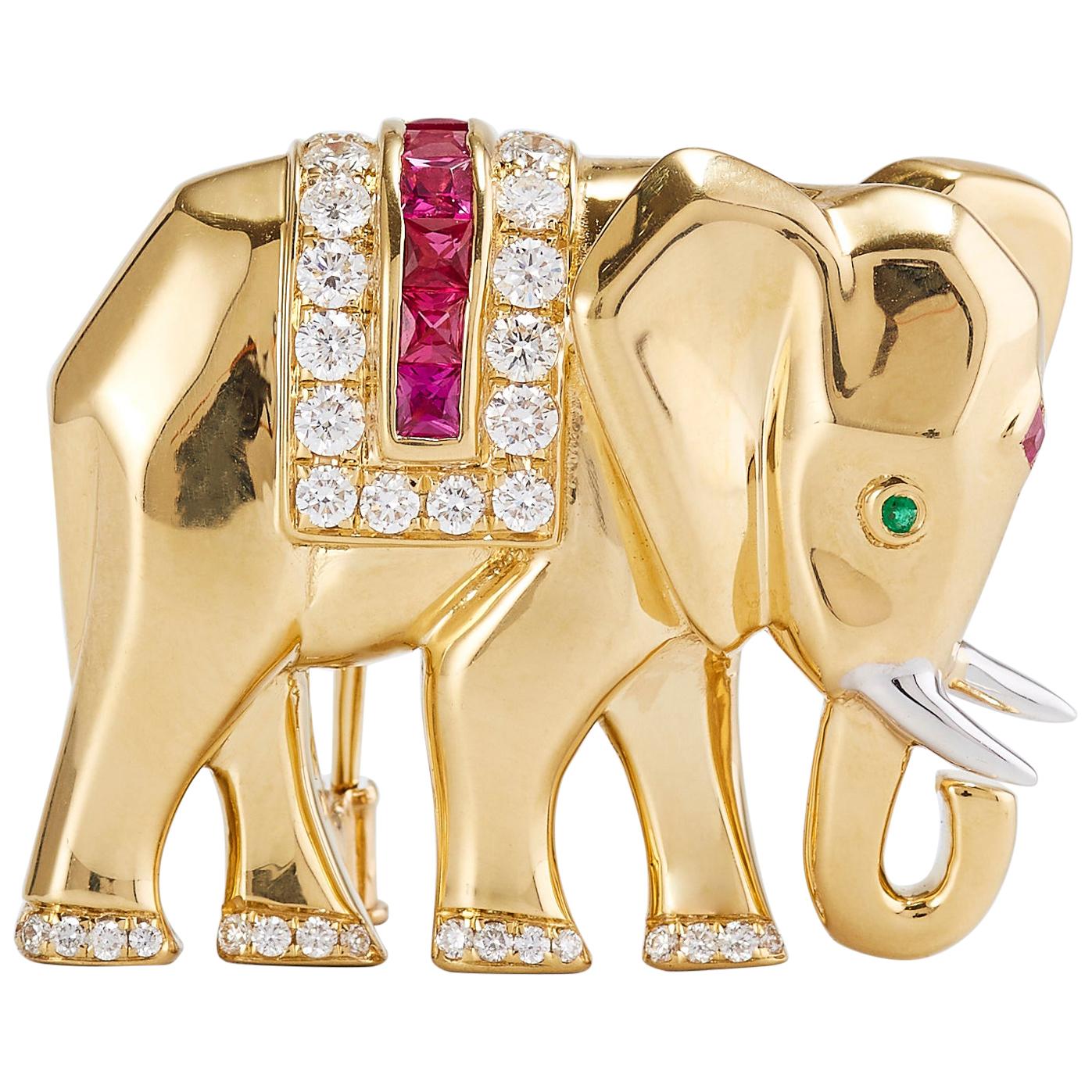 Vintage Cartier Elephant Pin/Brooch in Yellow Gold with Diamond Ruby and Emerald
