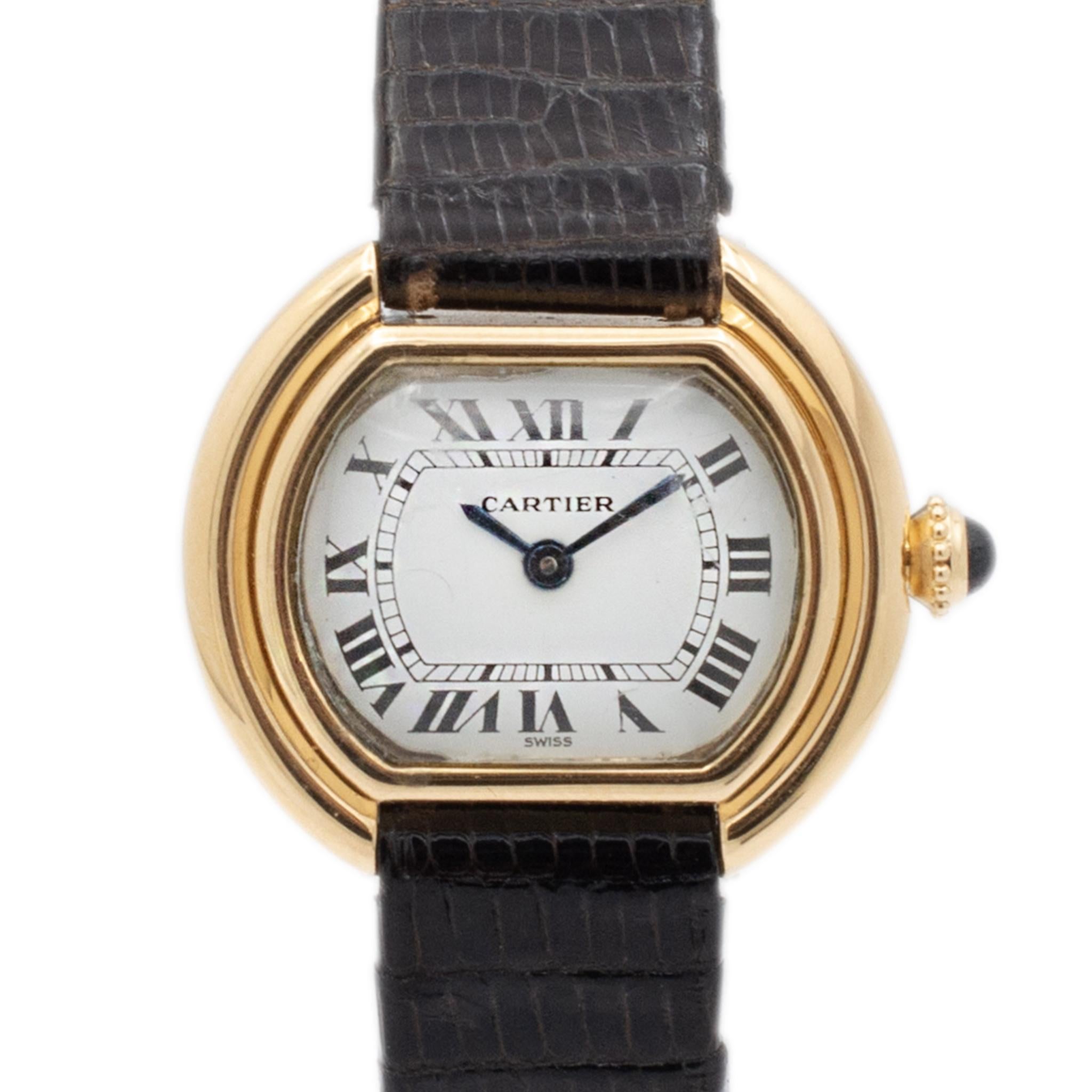 Brand: Cartier

Gender: Ladies

Metal Type: 18K Yellow Gold

Weight: 19.80 grams
Ladies 18K yellow gold Cartier Swiss made watch. Engraved with 